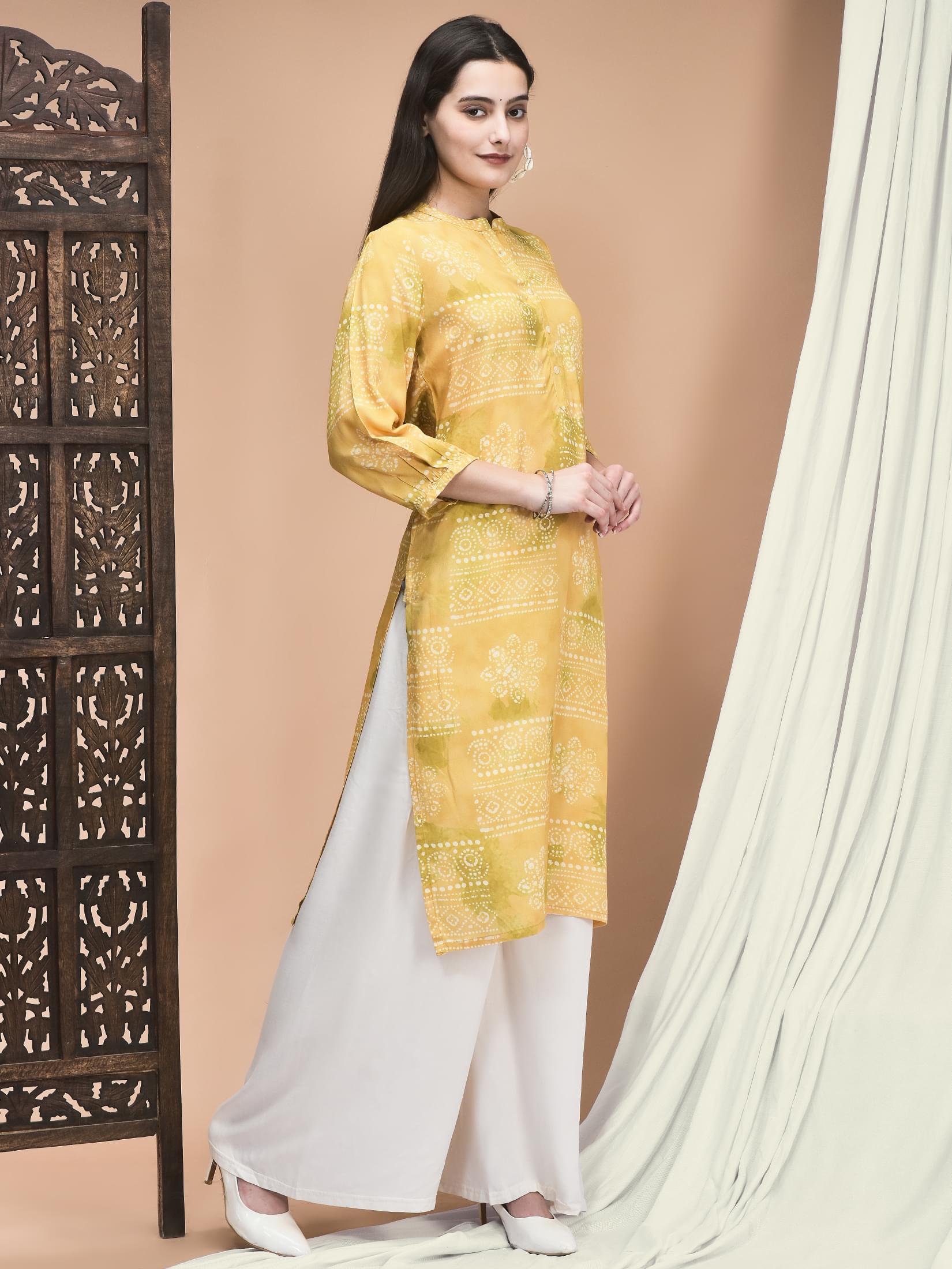 Women Liva Yellow Abstract Print Kurta.