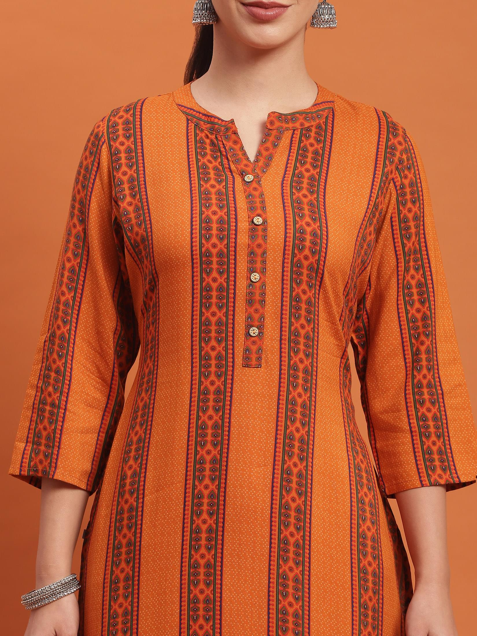 Women Rust Stripe Print Kurta.