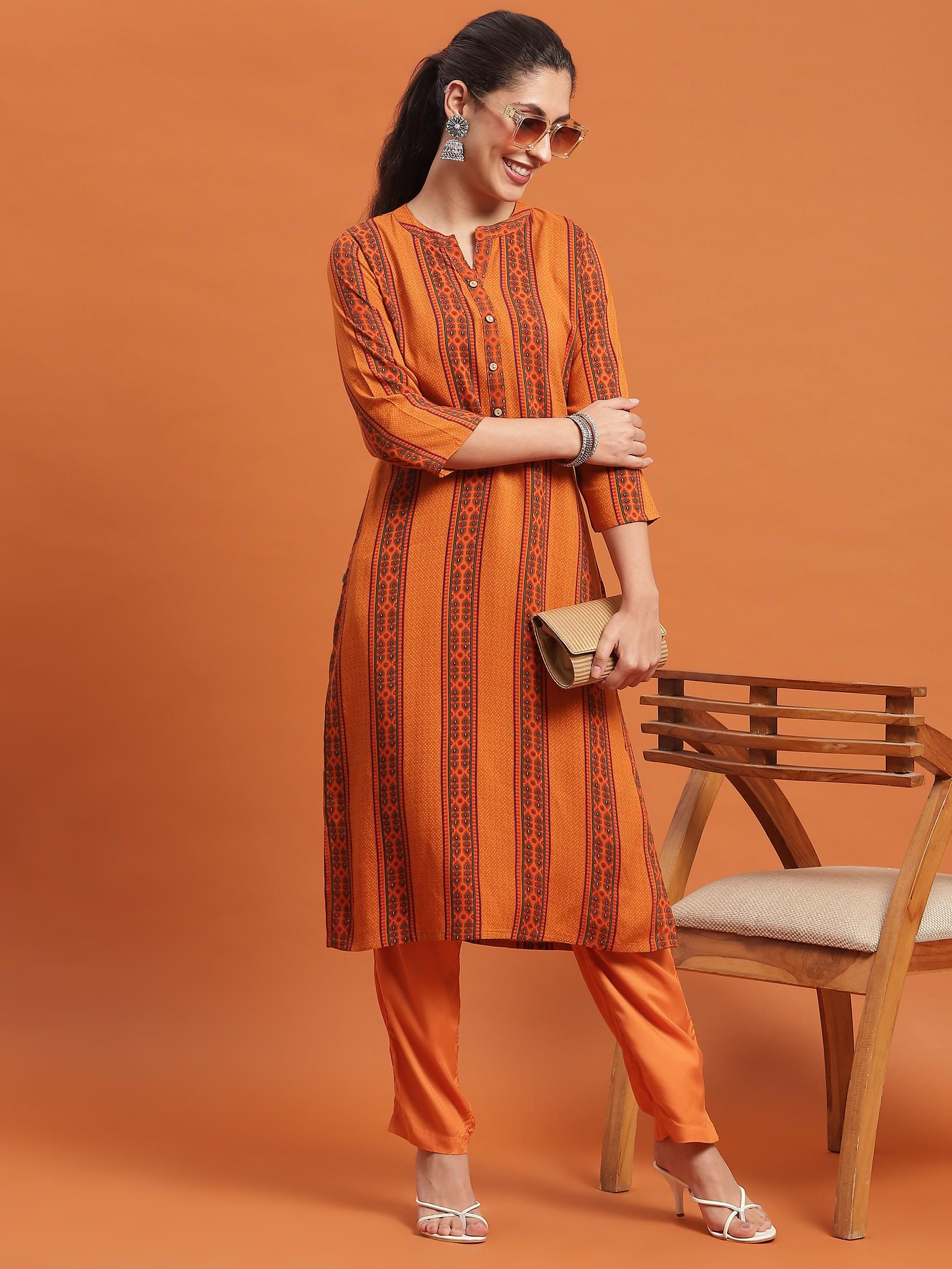 Women Rust Stripe Print Kurta.
