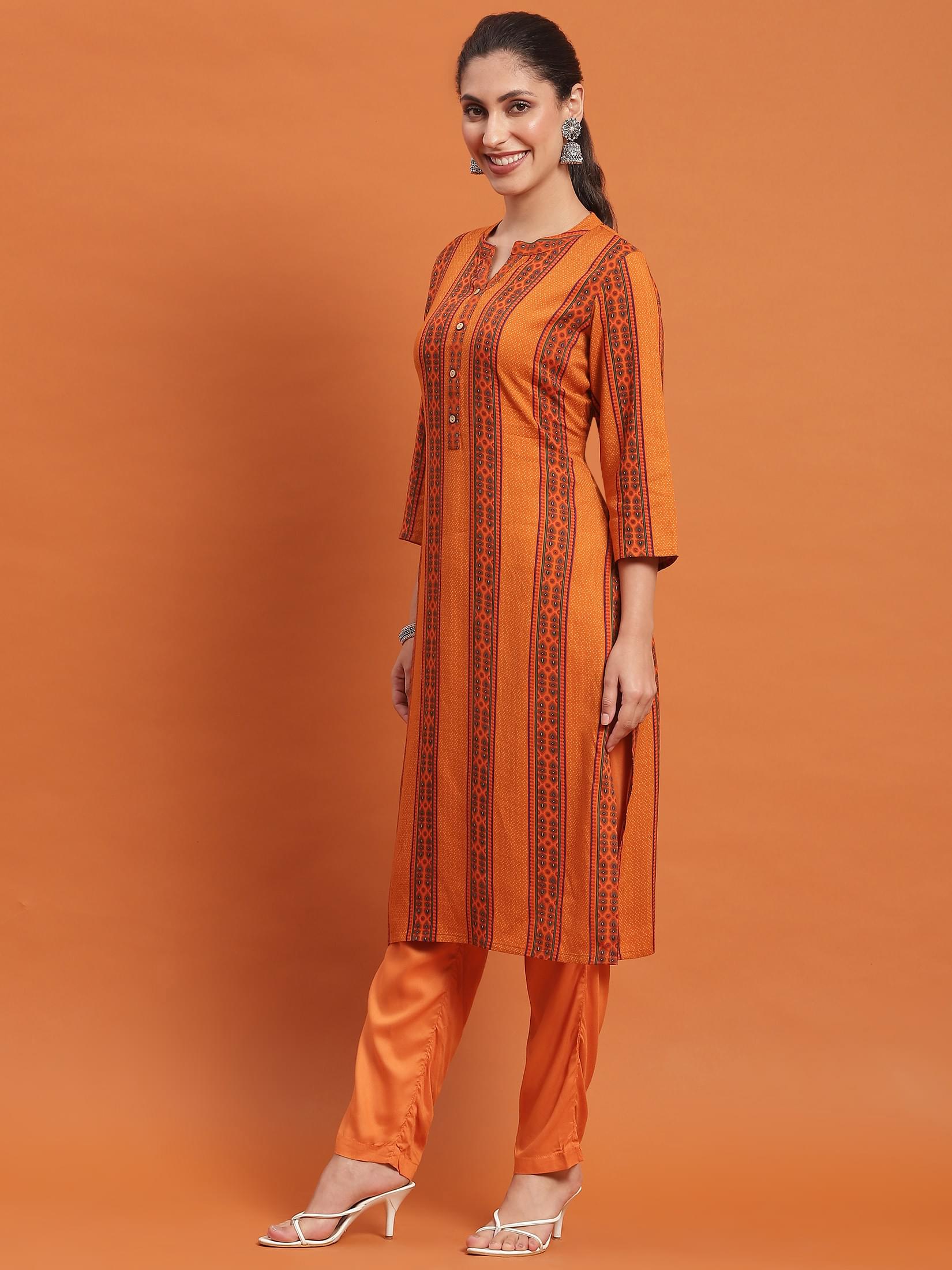 Women Rust Stripe Print Kurta.