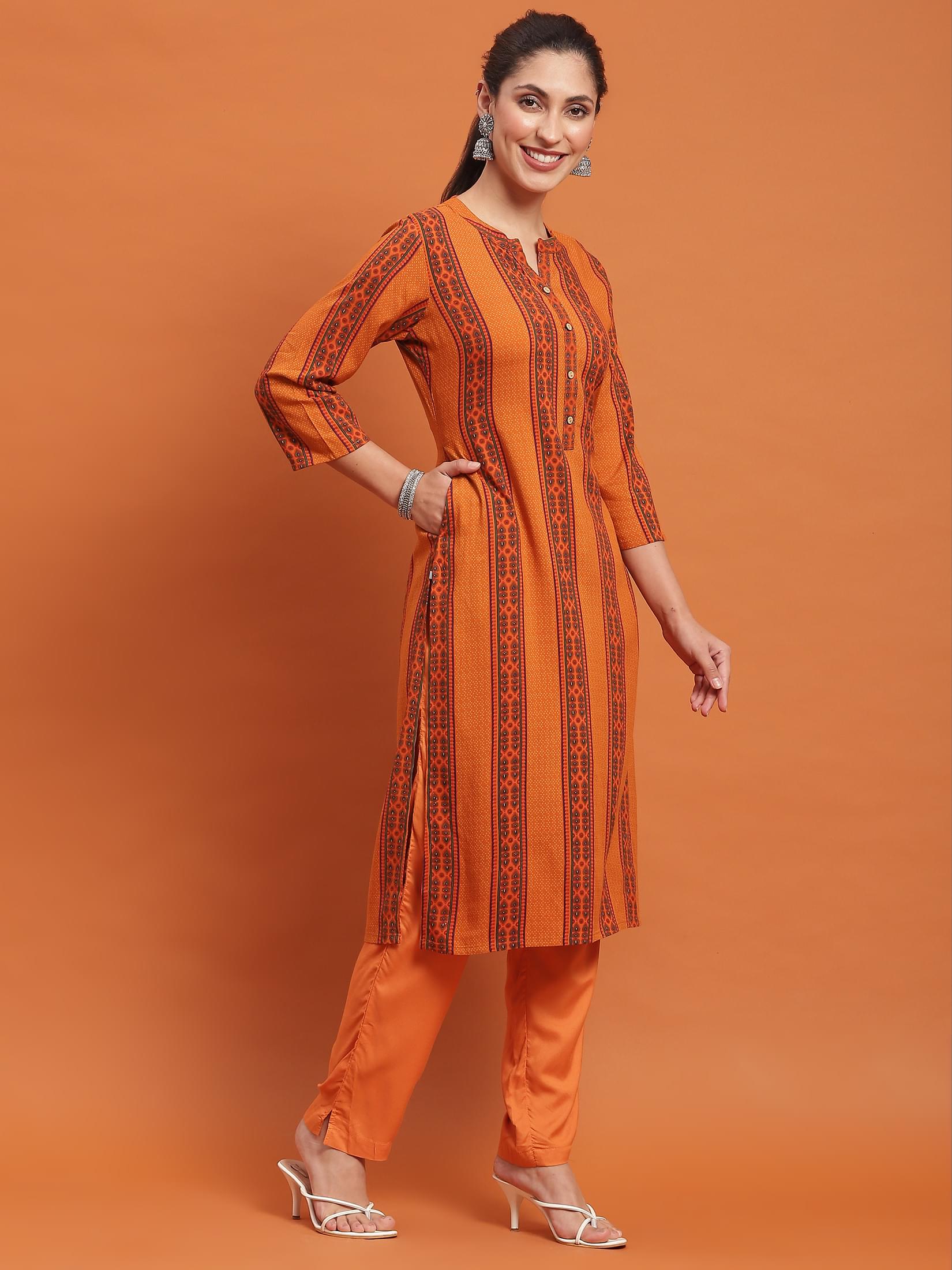 Women Rust Stripe Print Kurta.