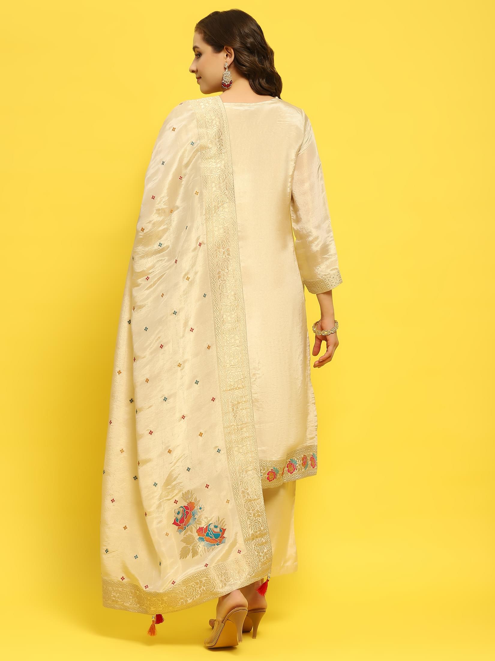 Women Silk Beige Woven Kurta Comfort Pant Dupatta.