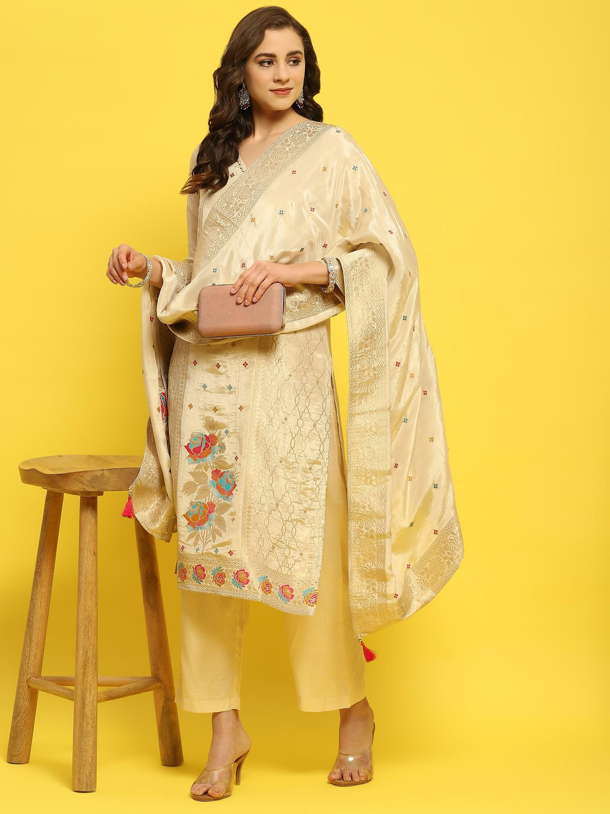 Women Silk Beige Woven Kurta Comfort Pant Dupatta.
