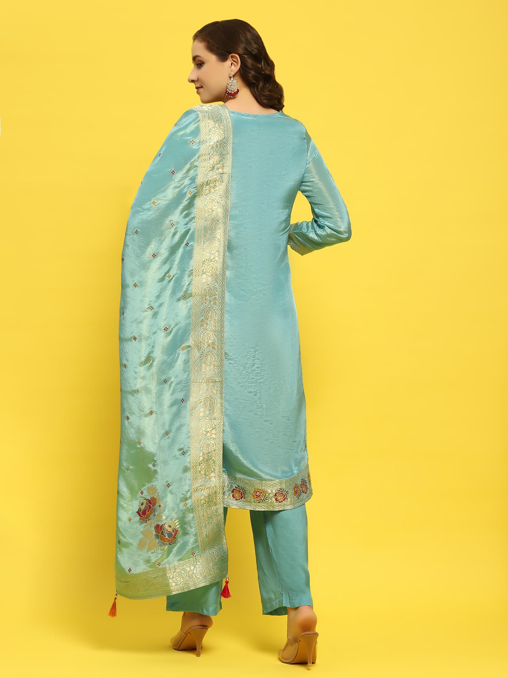 Women Silk Blue Woven Kurta Comfort Pant Dupatta.