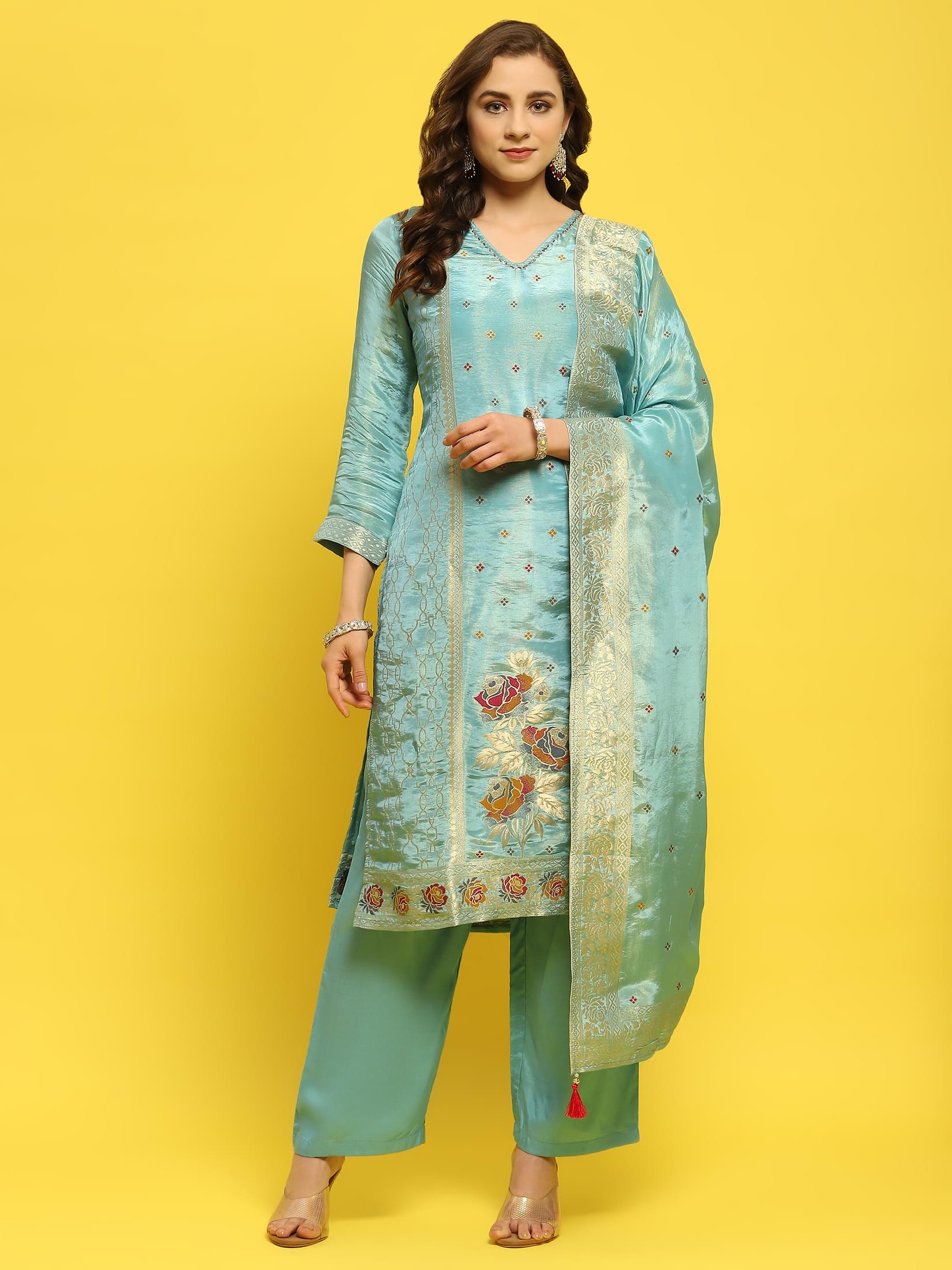 Women Silk Blue Woven Kurta Comfort Pant Dupatta.