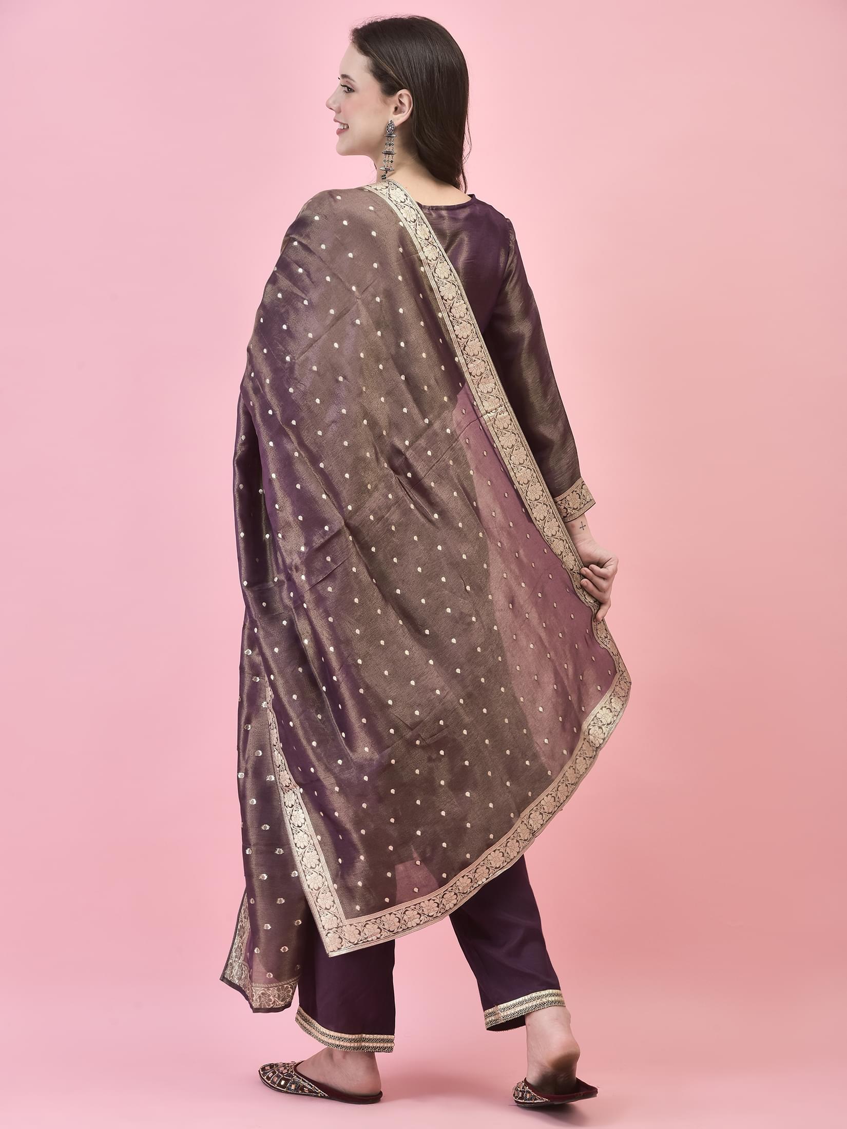 Women Silk Purple Woven Jacquard Kurta Comfort Pant Dupatta.