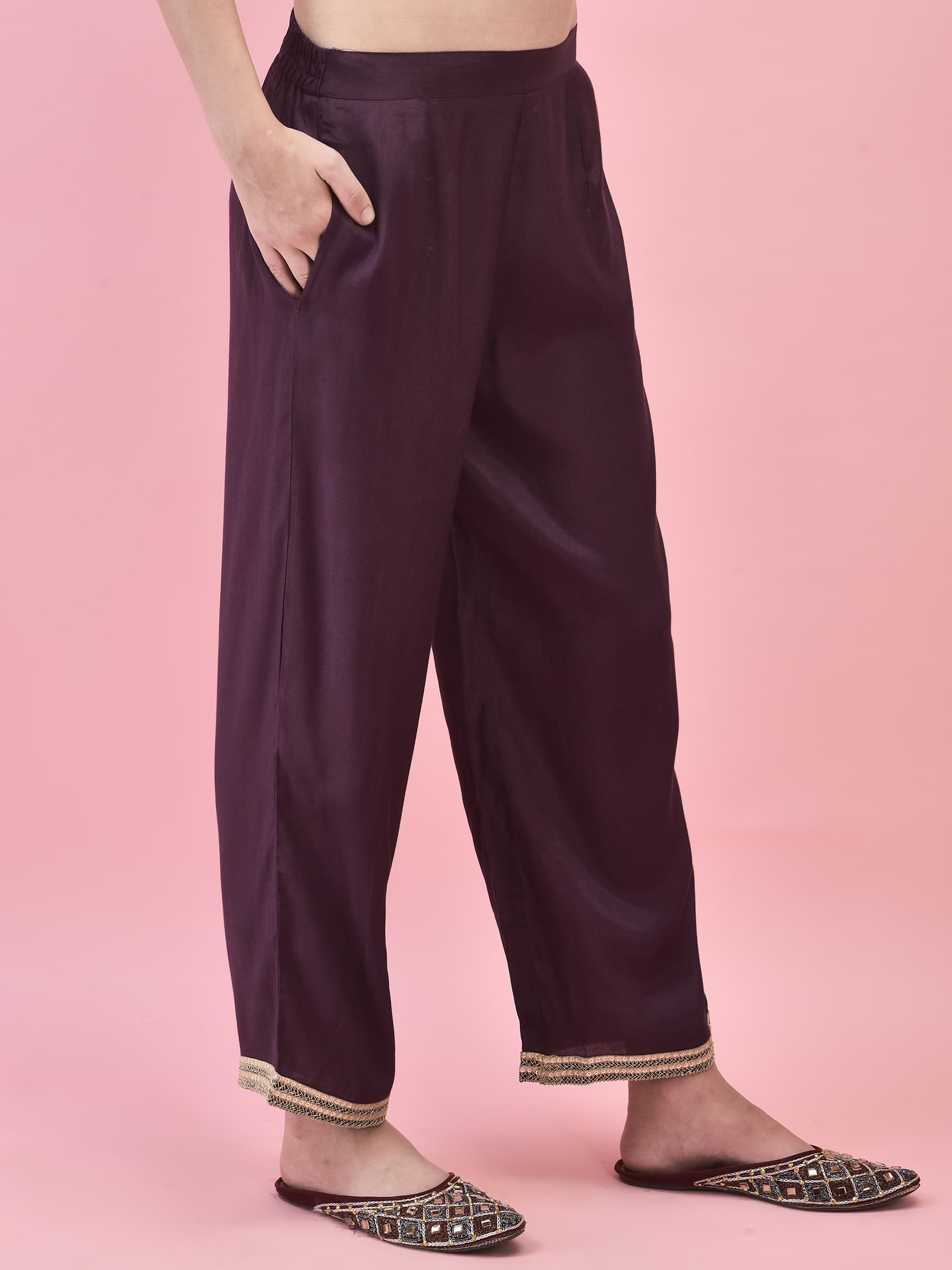 Women Silk Purple Woven Jacquard Kurta Comfort Pant Dupatta.