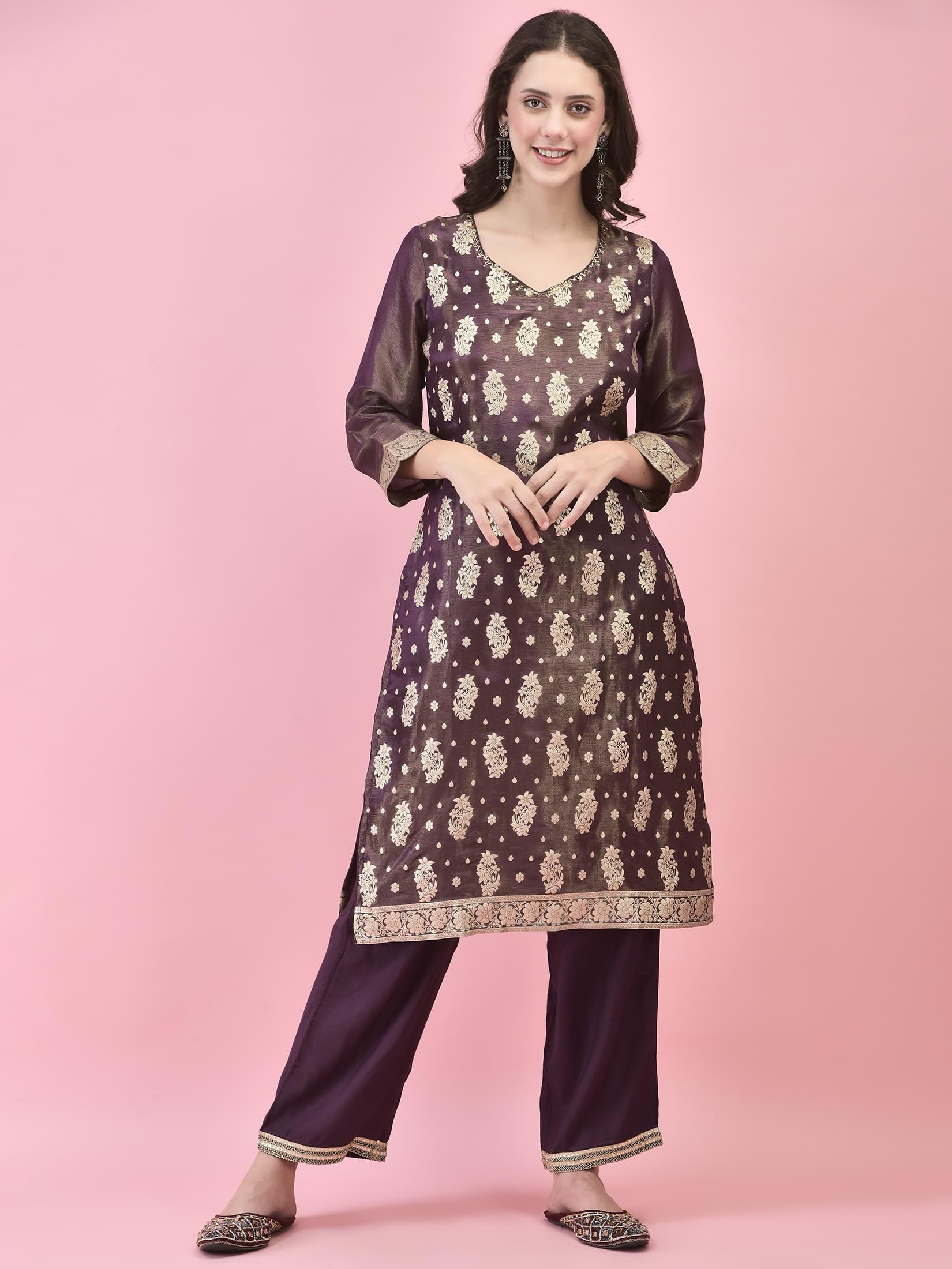 Women Silk Purple Woven Jacquard Kurta Comfort Pant Dupatta.