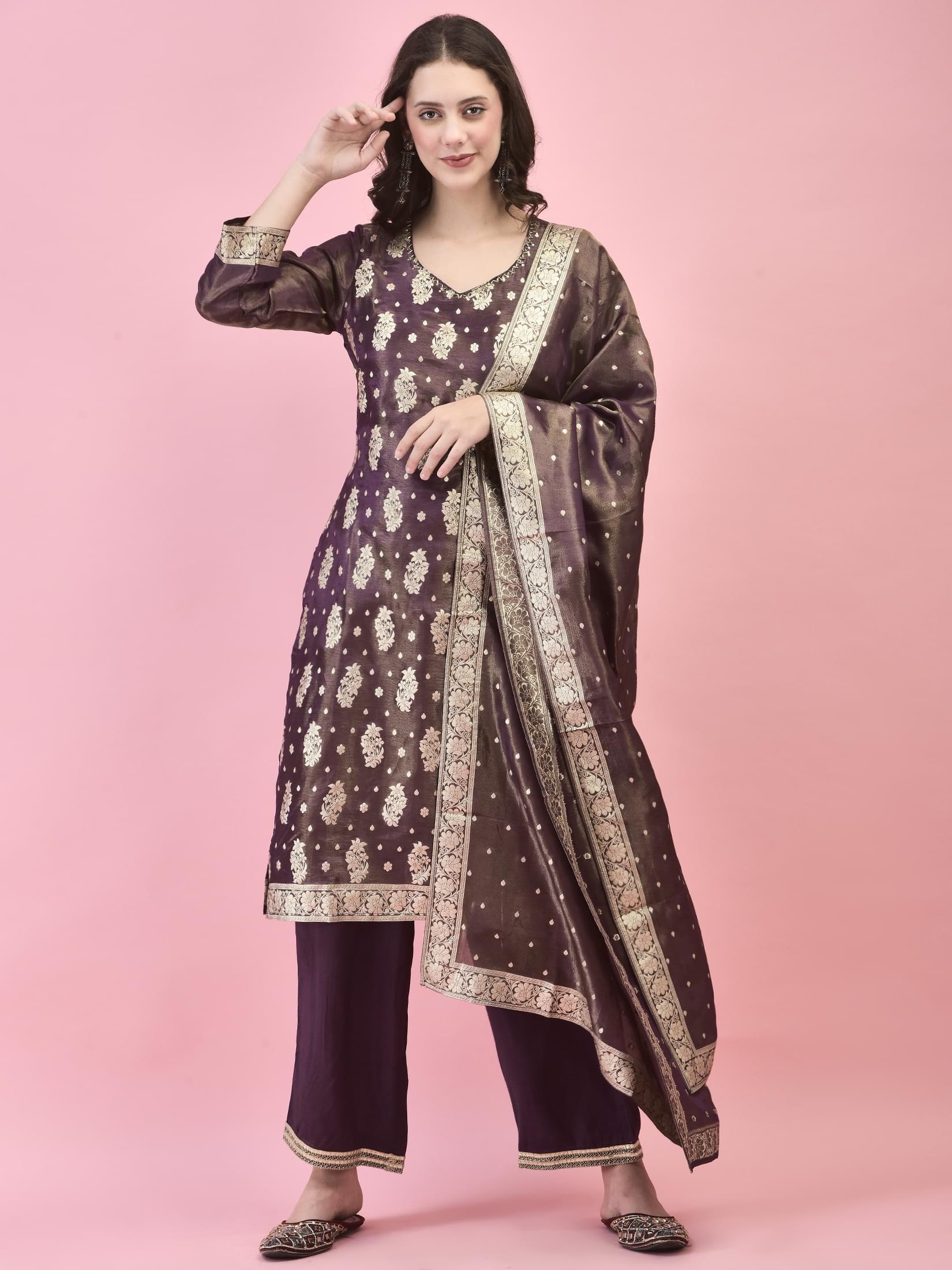 Women Silk Purple Woven Jacquard Kurta Comfort Pant Dupatta.