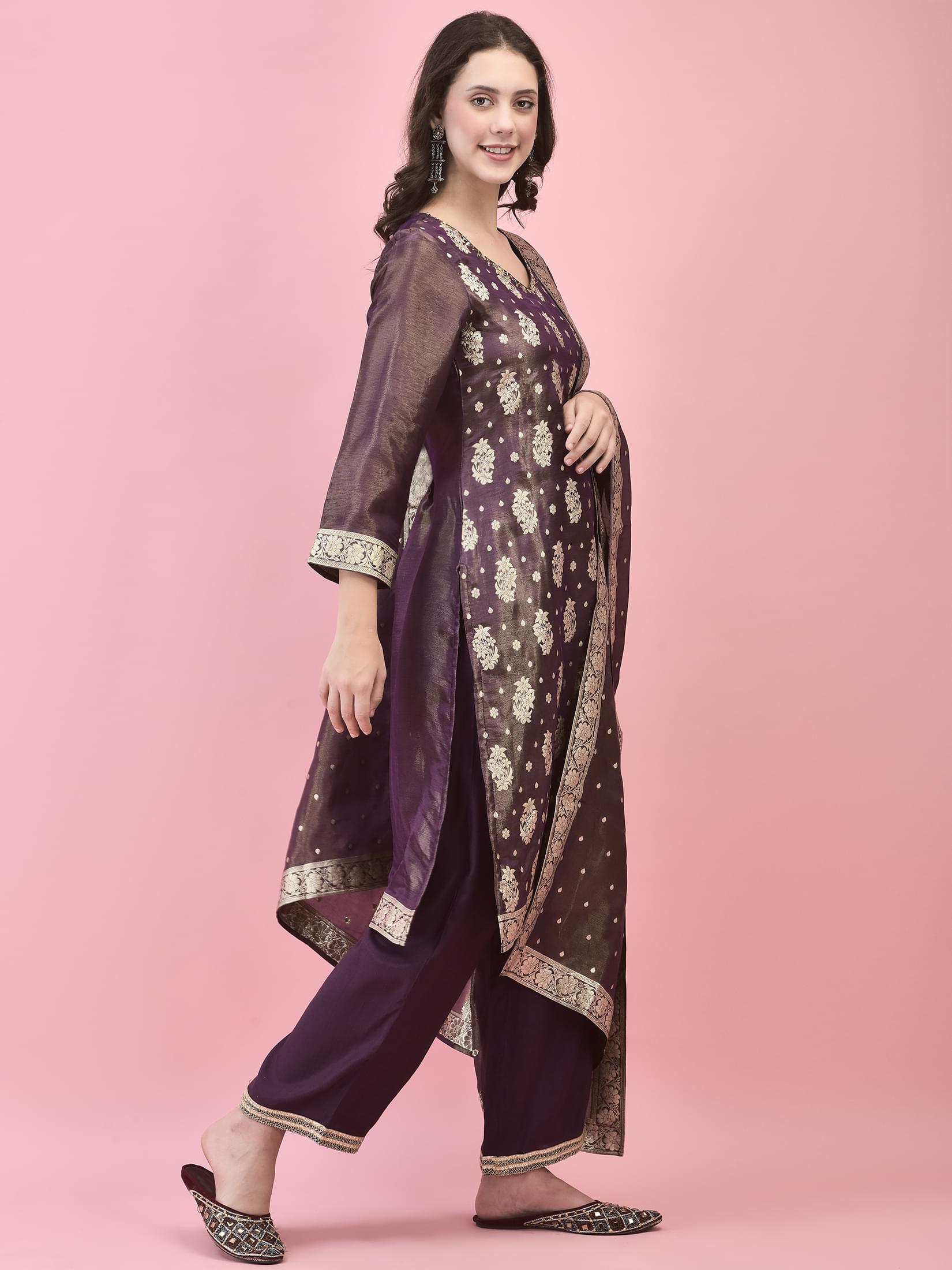 Women Silk Purple Woven Jacquard Kurta Comfort Pant Dupatta.