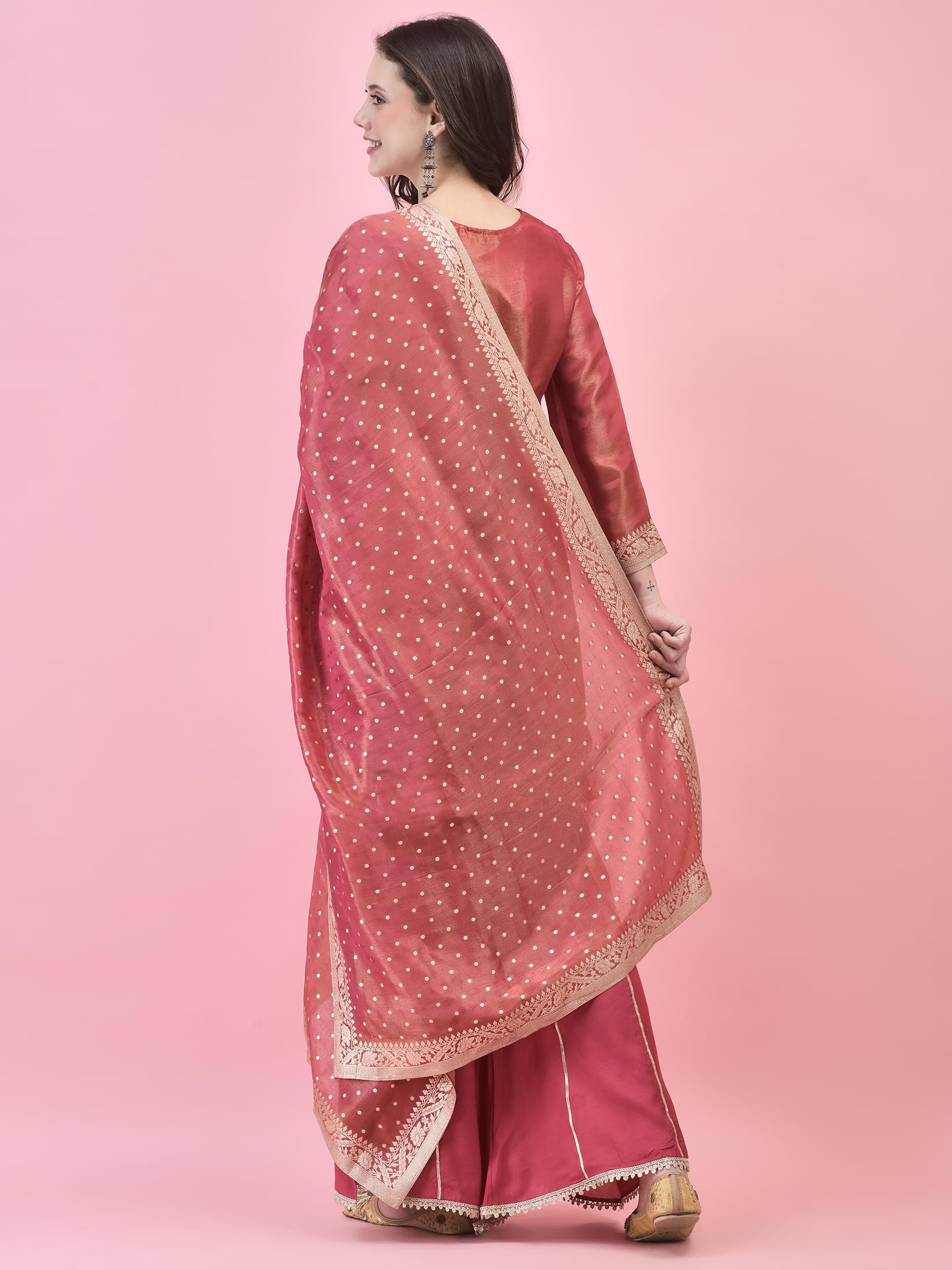 Women Shimmer Dola Candy Pink Kurta Sharara Dupatta.