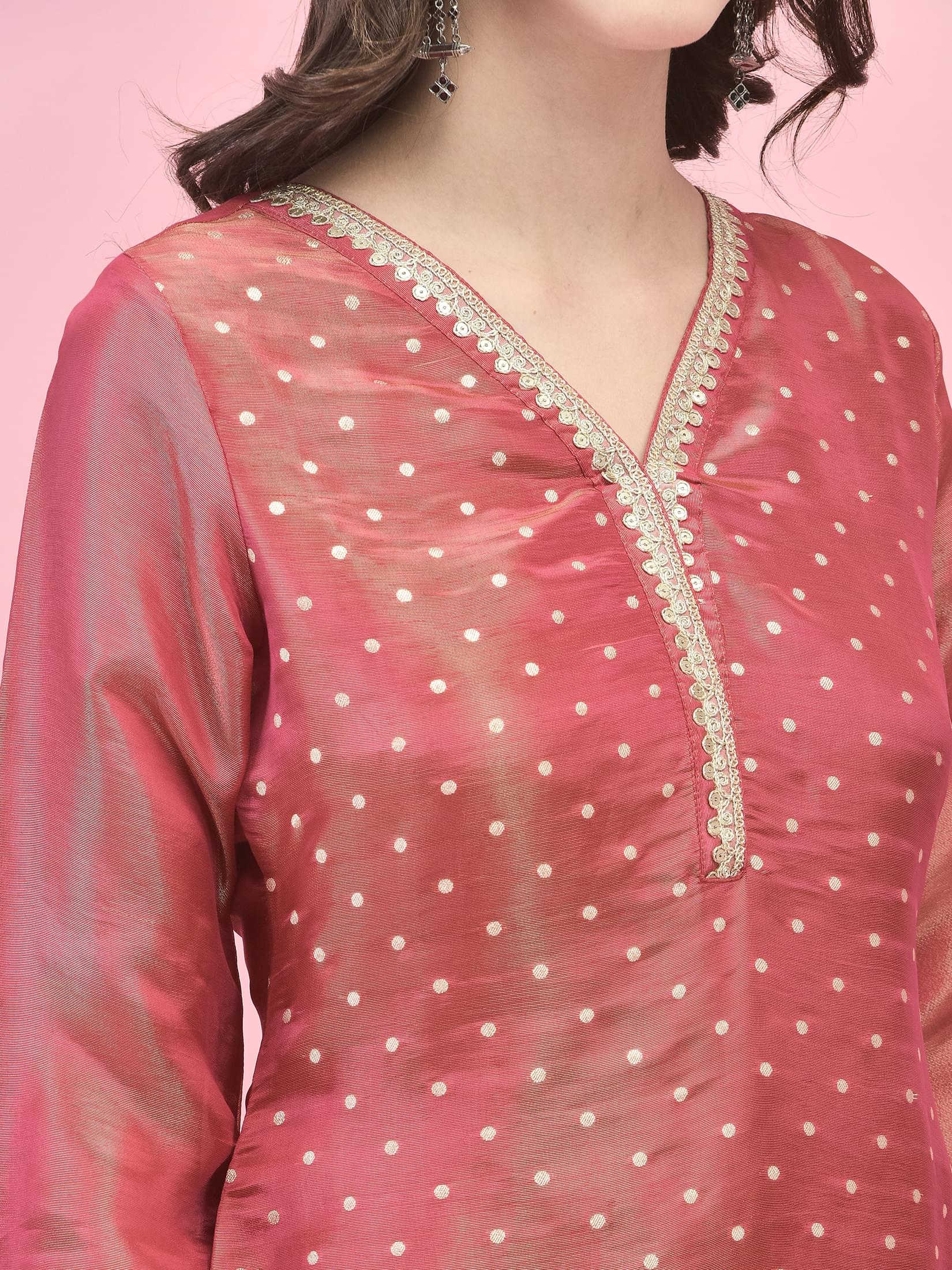 Women Shimmer Dola Candy Pink Kurta Sharara Dupatta.