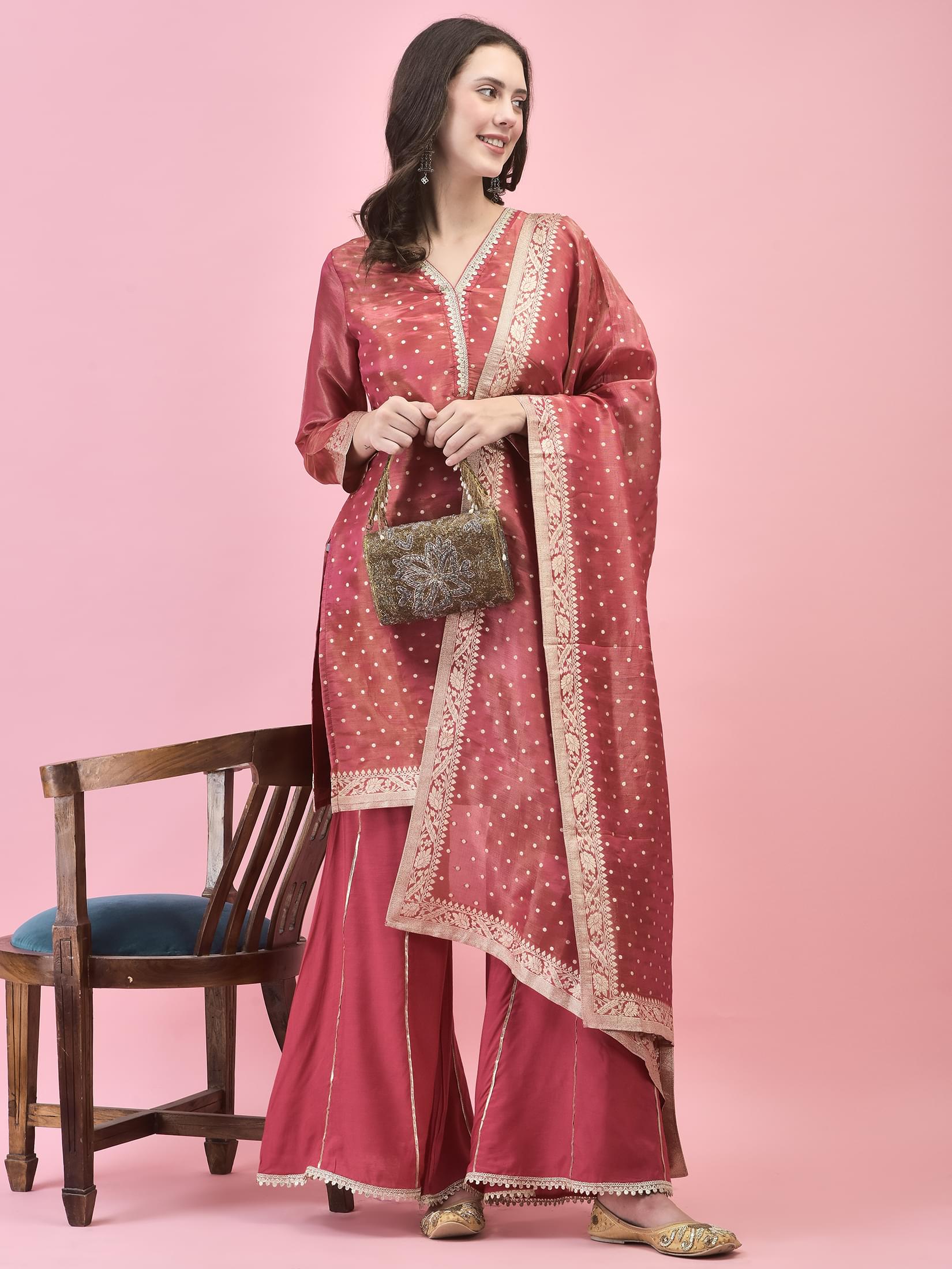 Women Shimmer Dola Candy Pink Kurta Sharara Dupatta.