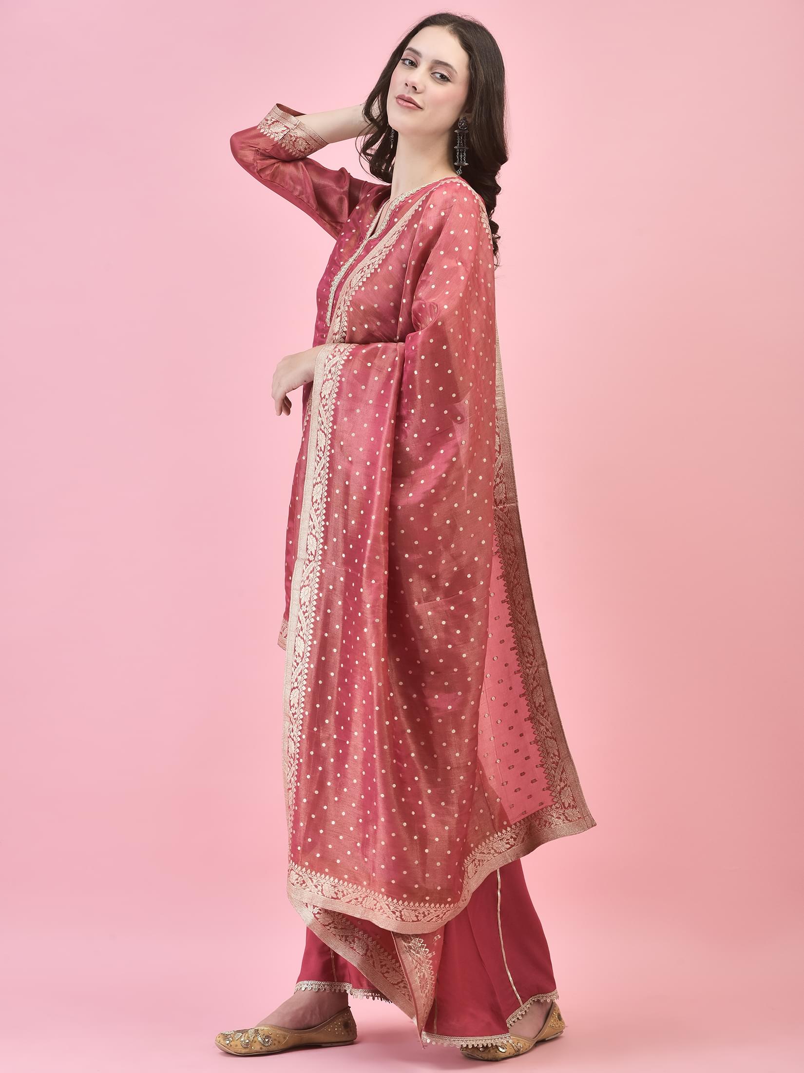 Women Shimmer Dola Candy Pink Kurta Sharara Dupatta.