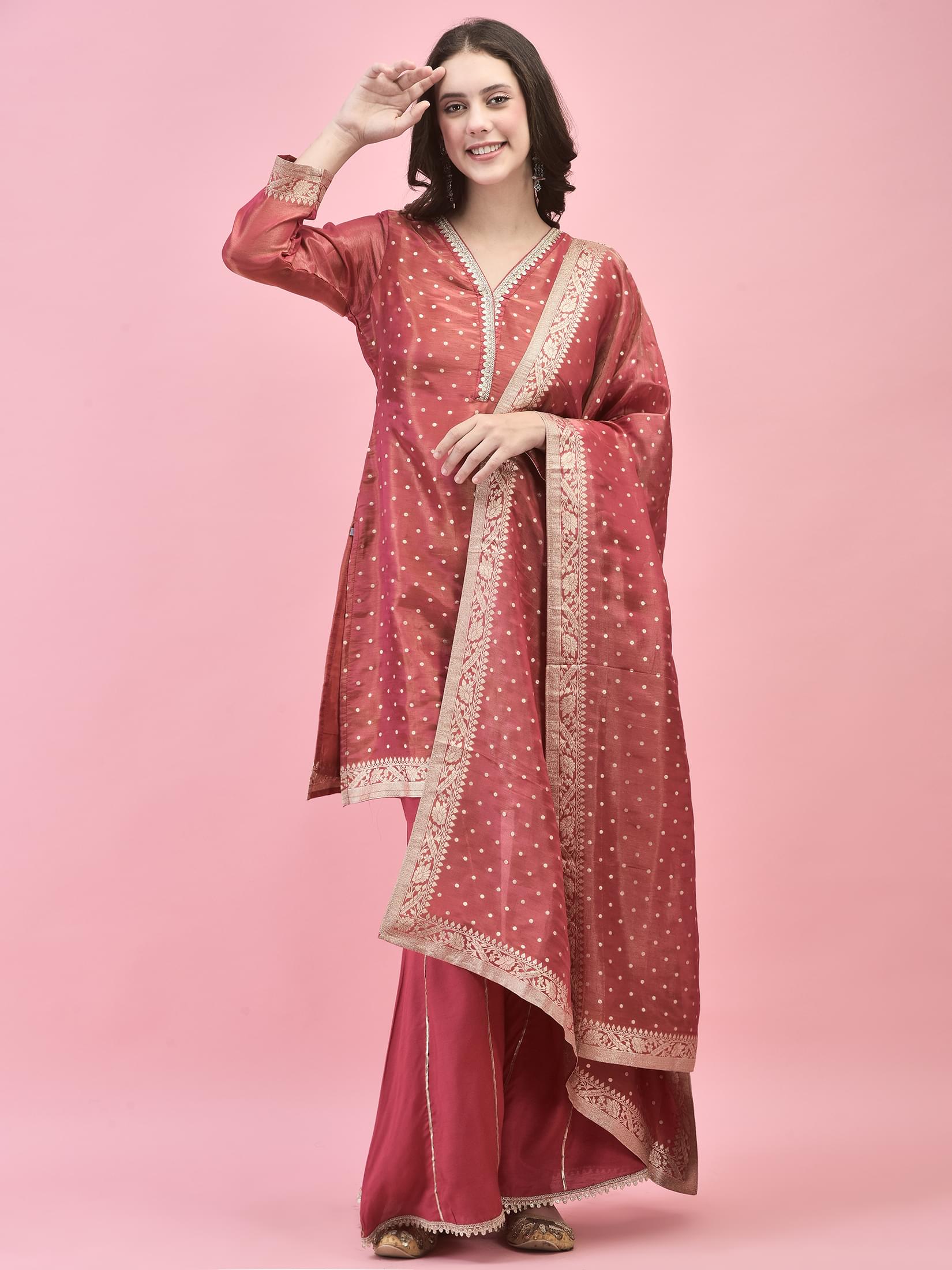 Women Shimmer Dola Candy Pink Kurta Sharara Dupatta.