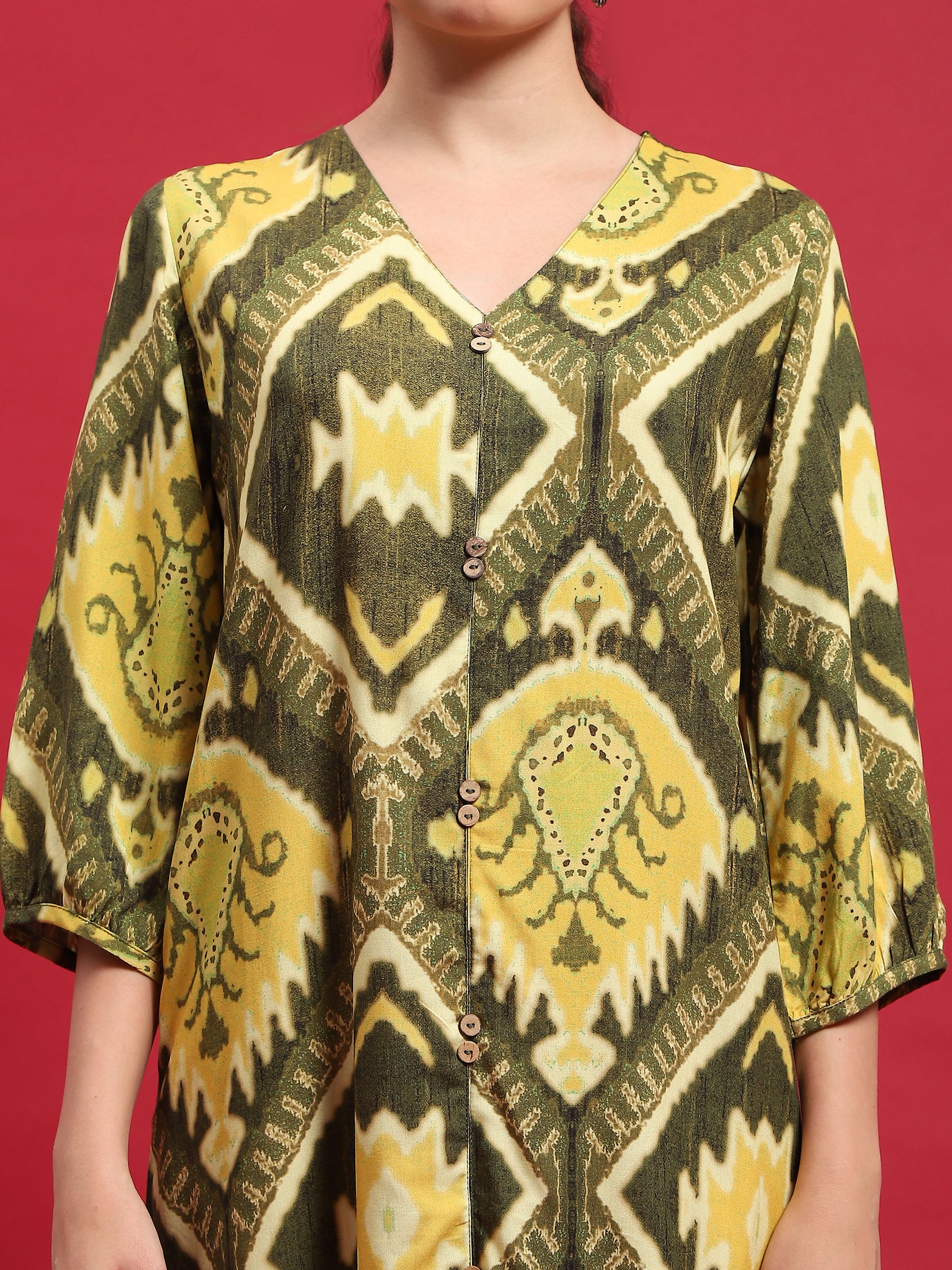 Women Liva Rayon Olive Ikat Print Dress.