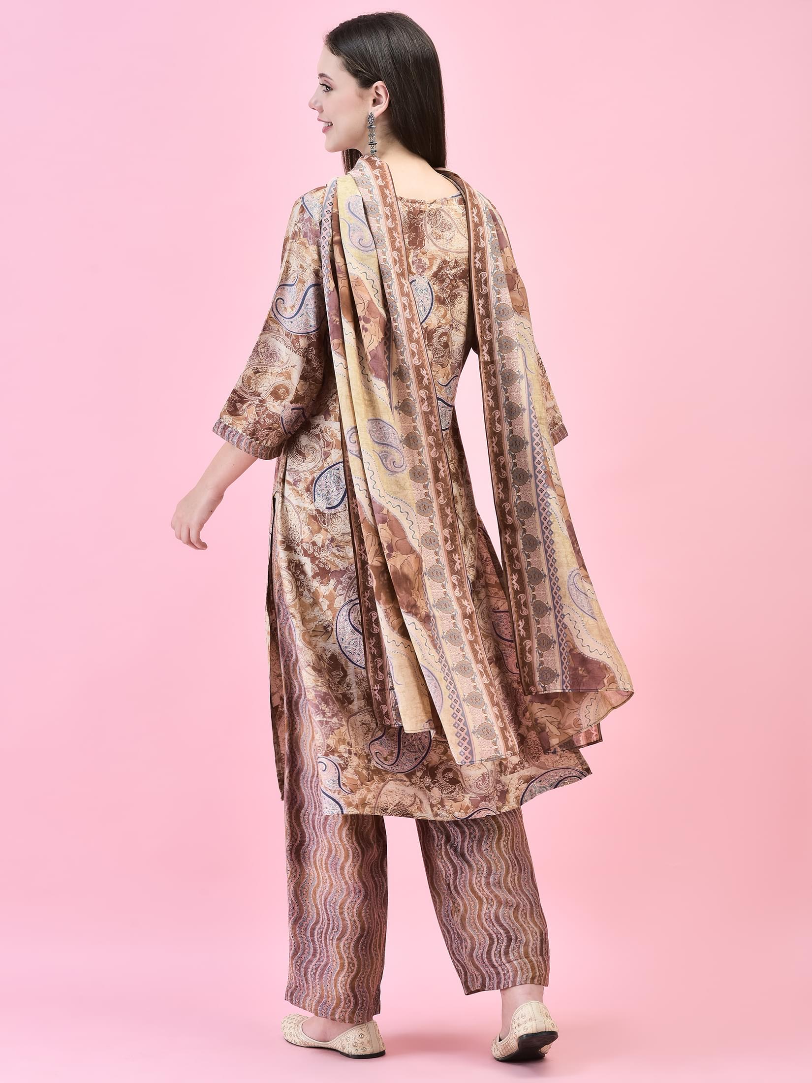 Women Viscose Brown Paisley Print Kurta Comfort Pant Dupatta.