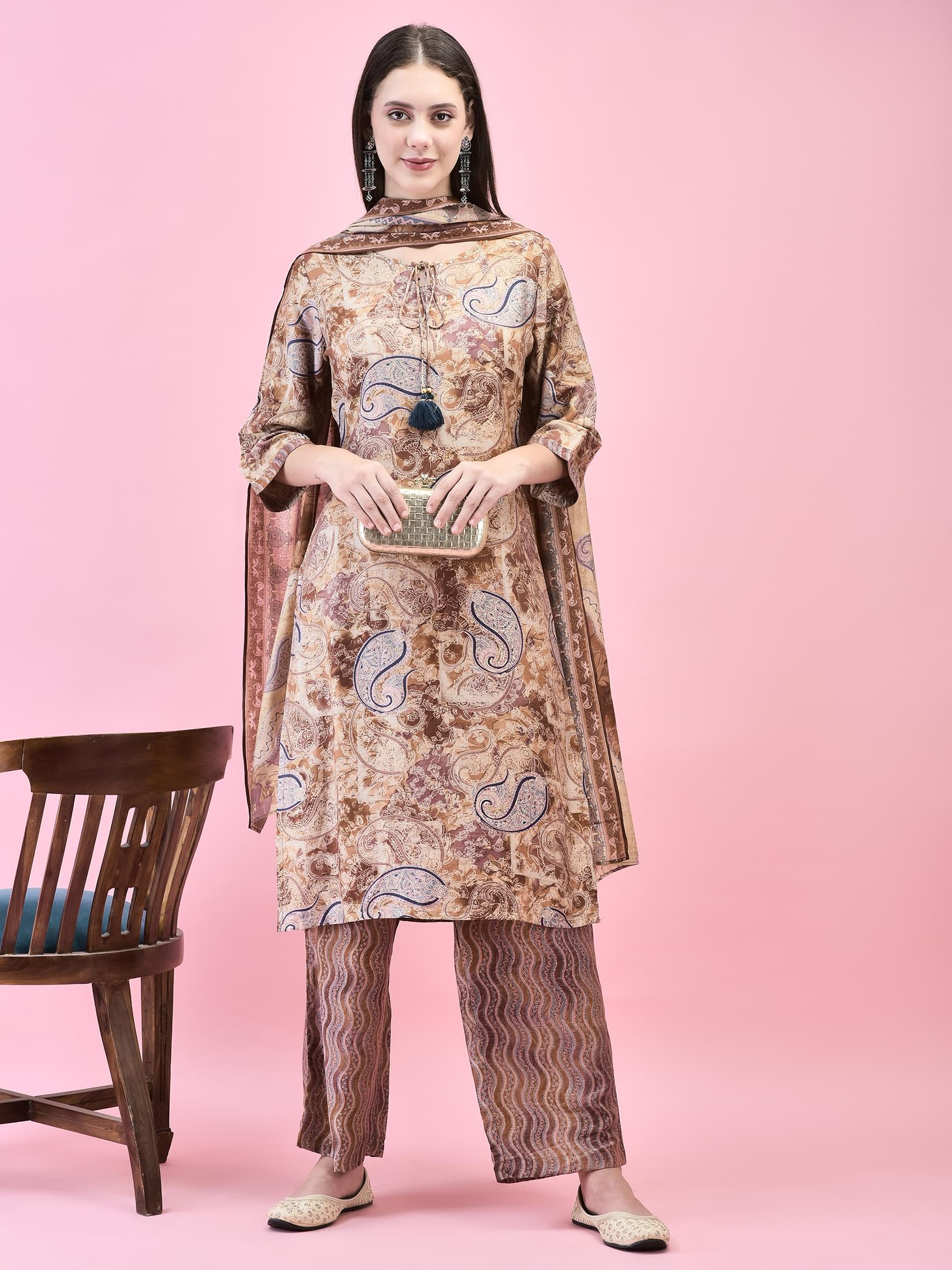 Women Viscose Brown Paisley Print Kurta Comfort Pant Dupatta.