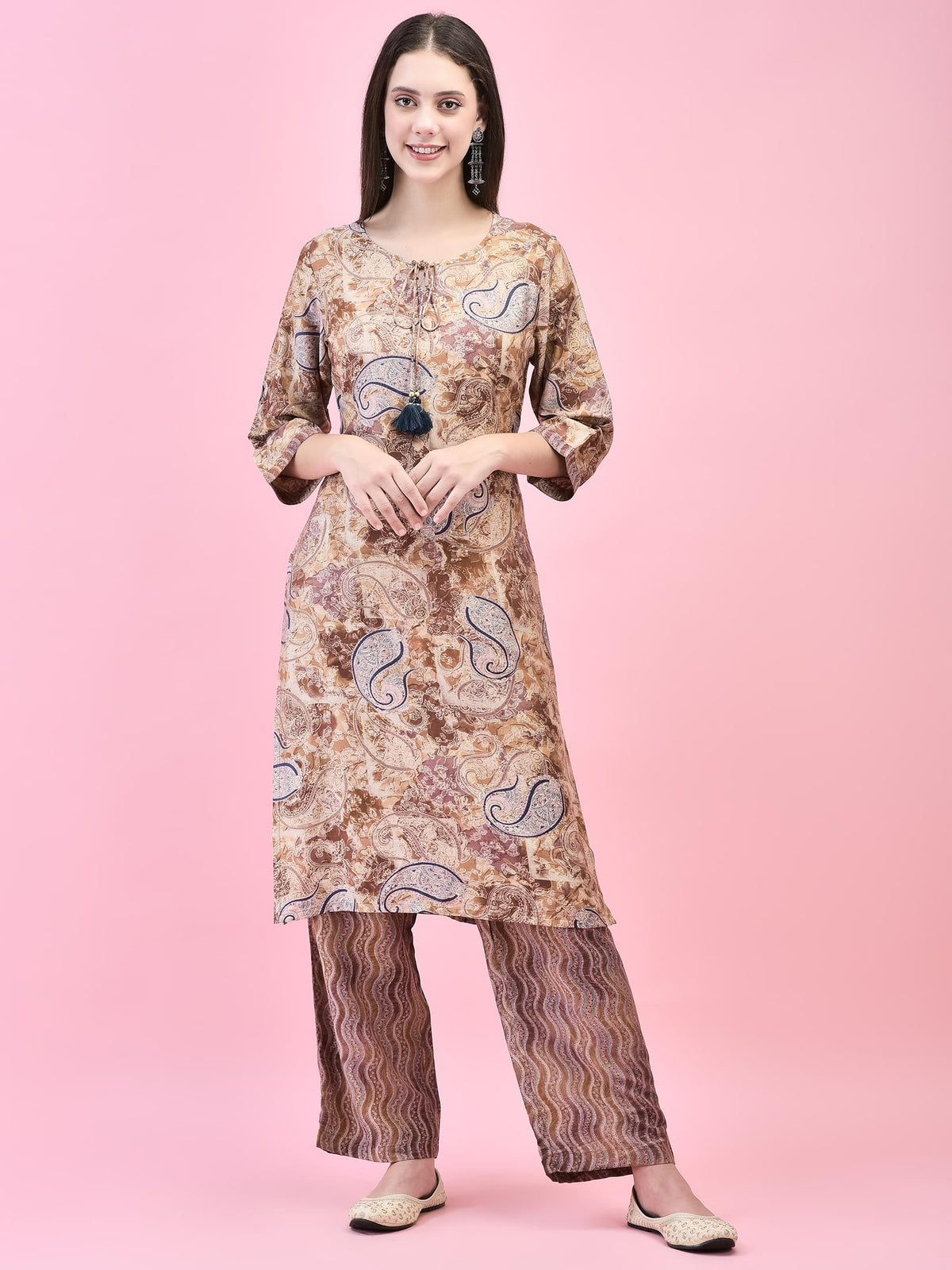Women Viscose Brown Paisley Print Kurta Comfort Pant Dupatta.