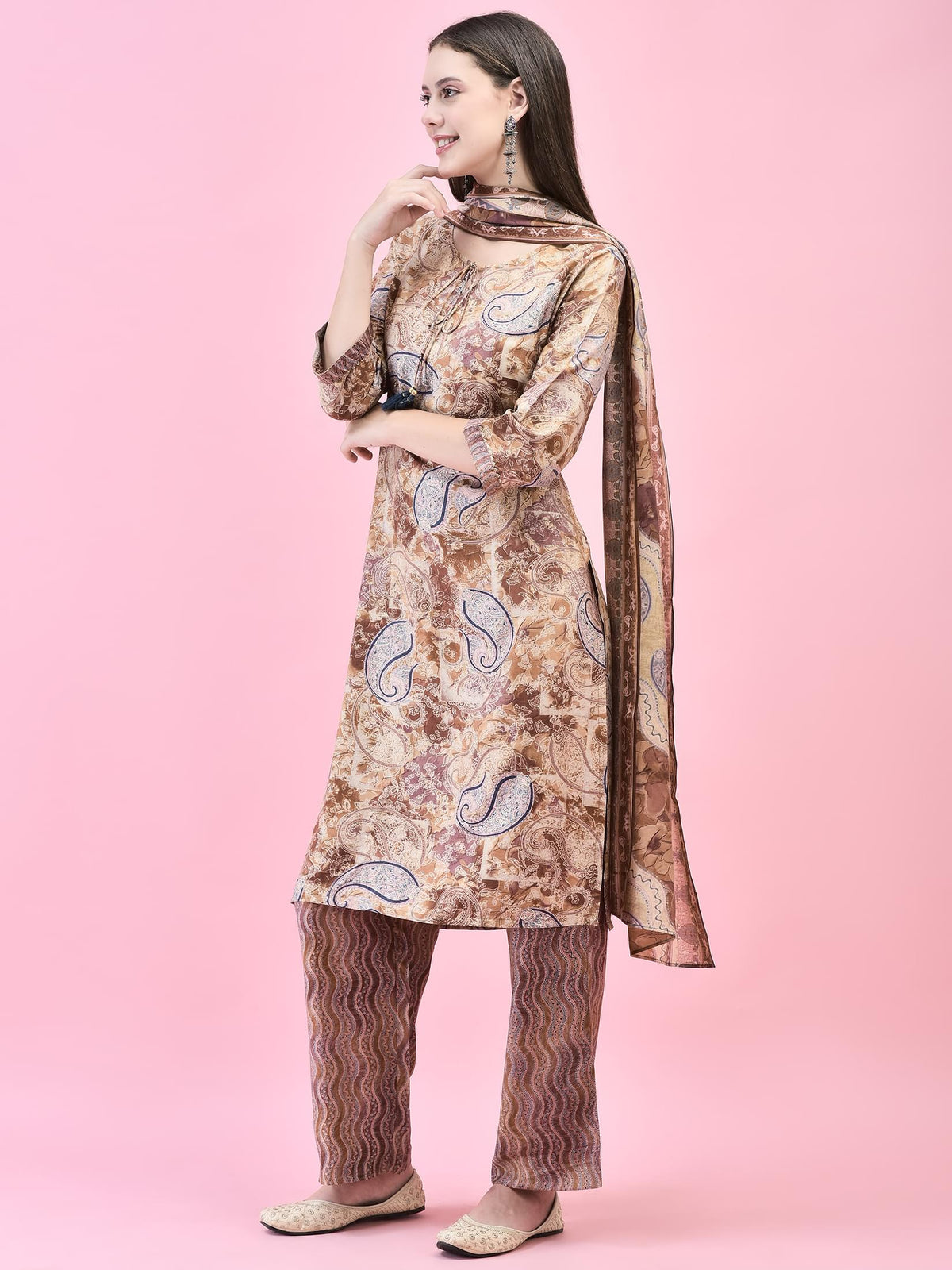 Women Viscose Brown Paisley Print Kurta Comfort Pant Dupatta.