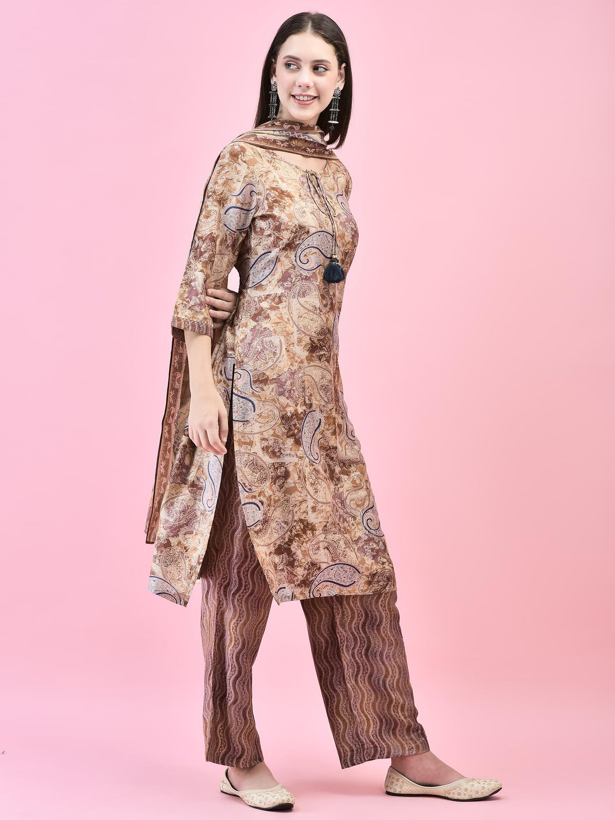 Women Viscose Brown Paisley Print Kurta Comfort Pant Dupatta.