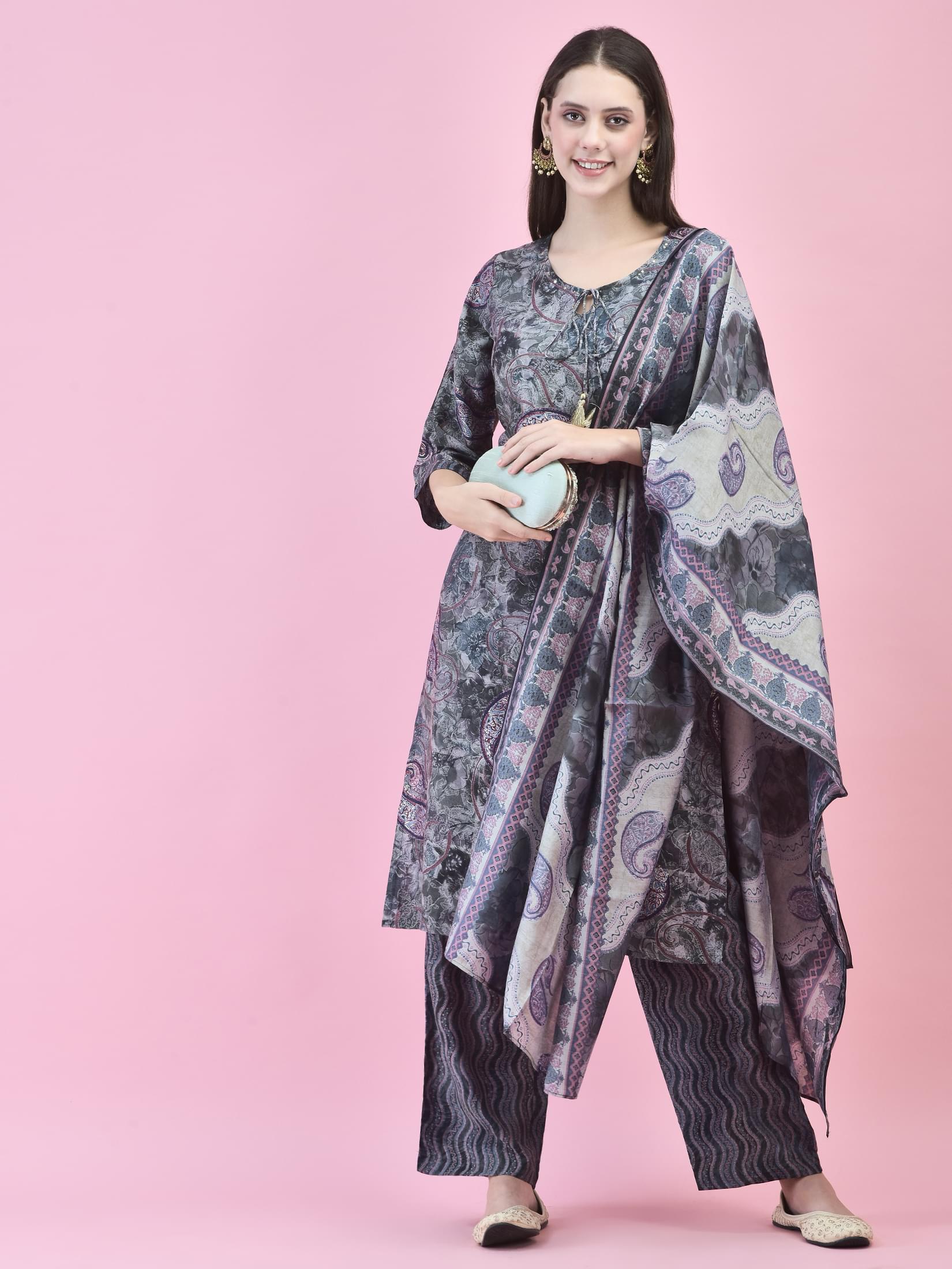 Women Viscose Grey Paisley Print Kurta Comfort Pant Dupatta.