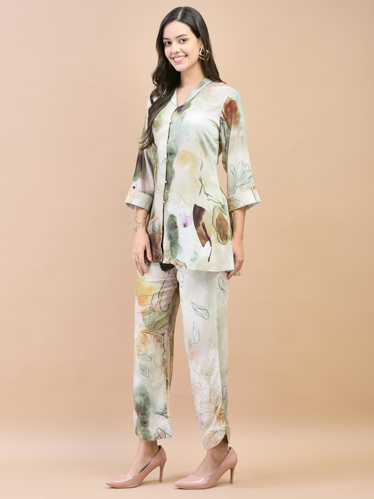 Women Liva Rayon Green Abstract Print Co-Ord Set.