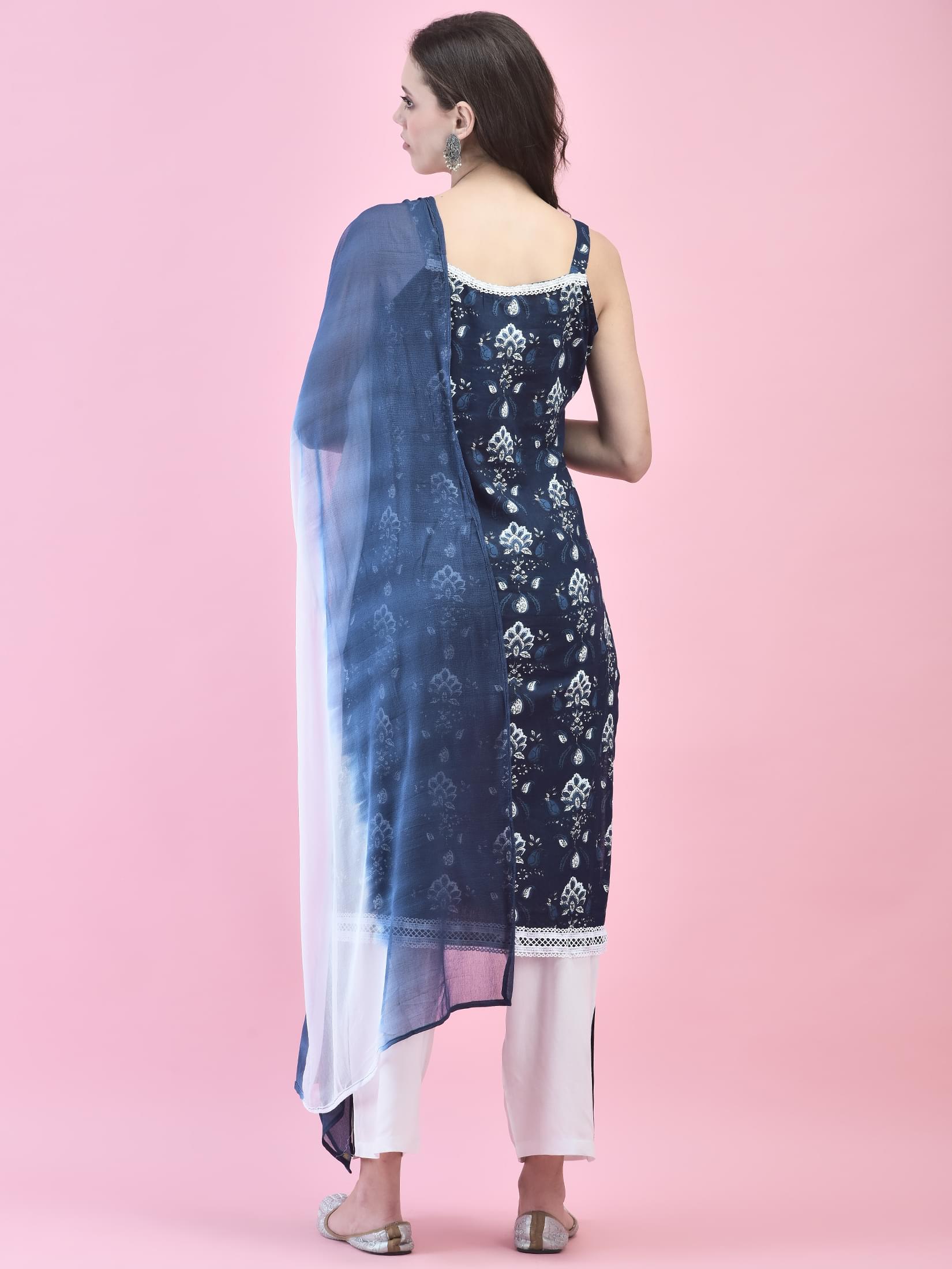 Women Cotton Indigo Floral Print Kurta Comfort Pant Dupatta.