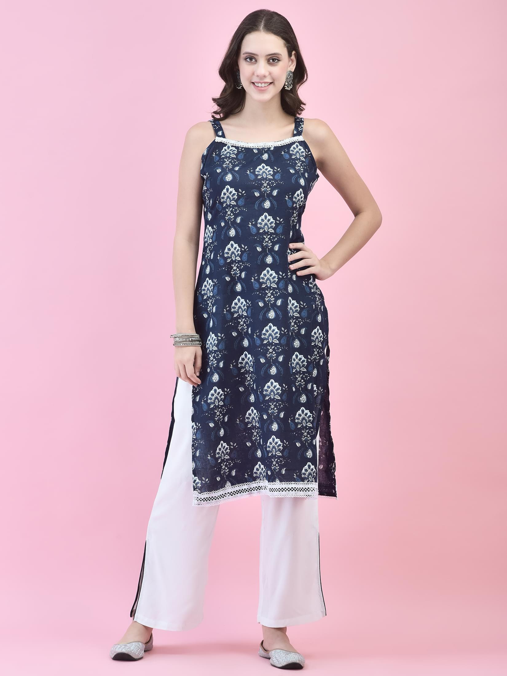 Women Cotton Indigo Floral Print Kurta Comfort Pant Dupatta.