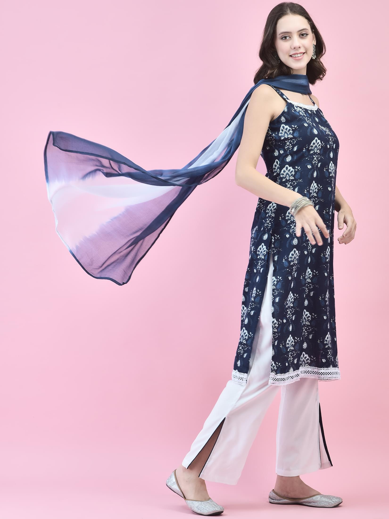 Women Cotton Indigo Floral Print Kurta Comfort Pant Dupatta.