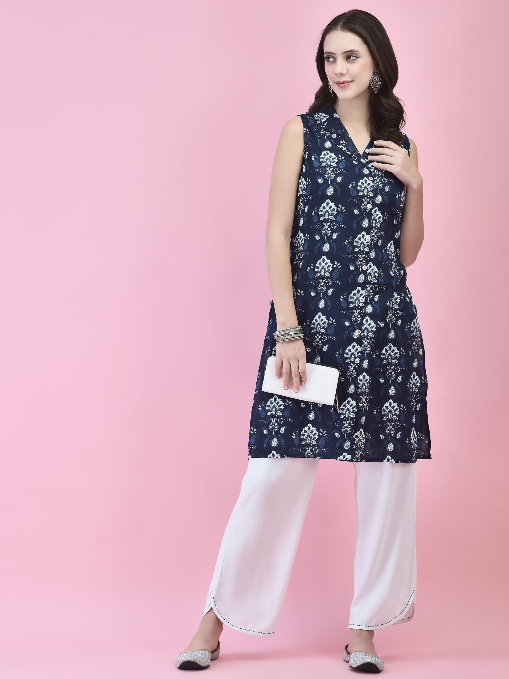 Women Cotton Indigo Floral Print Kurta With Comfort Pant.