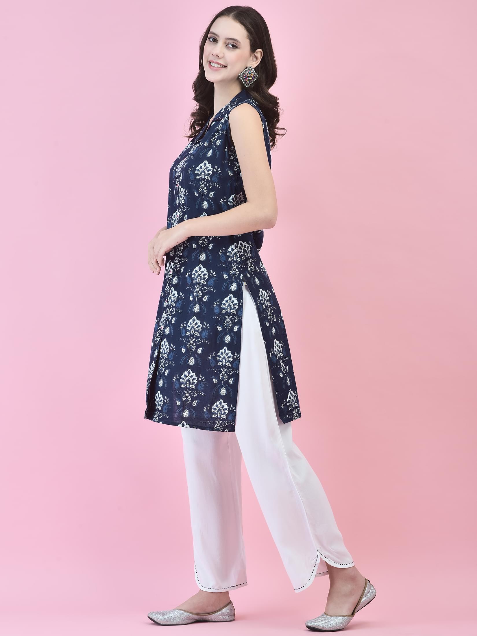 Women Cotton Indigo Floral Print Kurta With Comfort Pant.