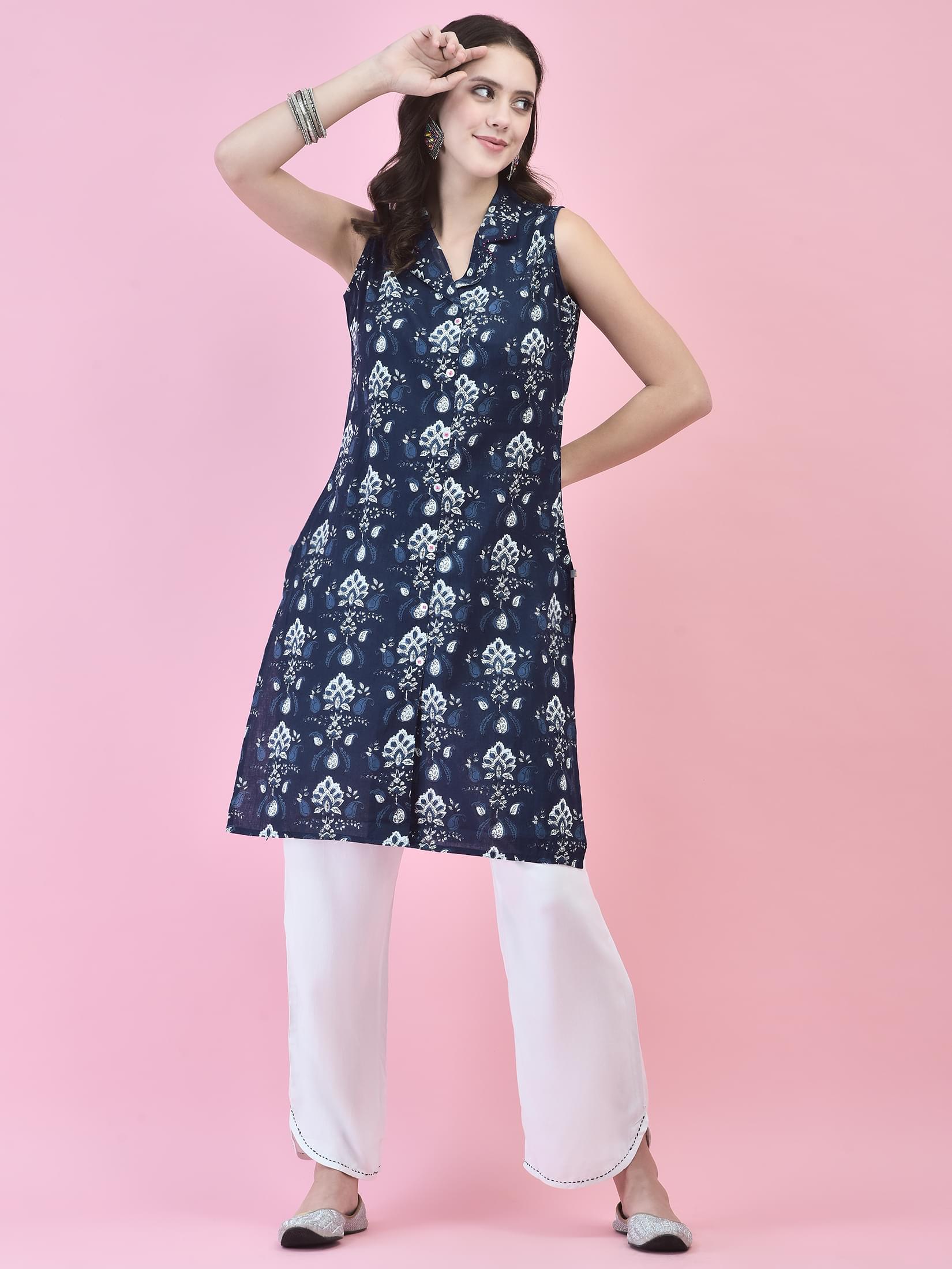 Women Cotton Indigo Floral Print Kurta With Comfort Pant.