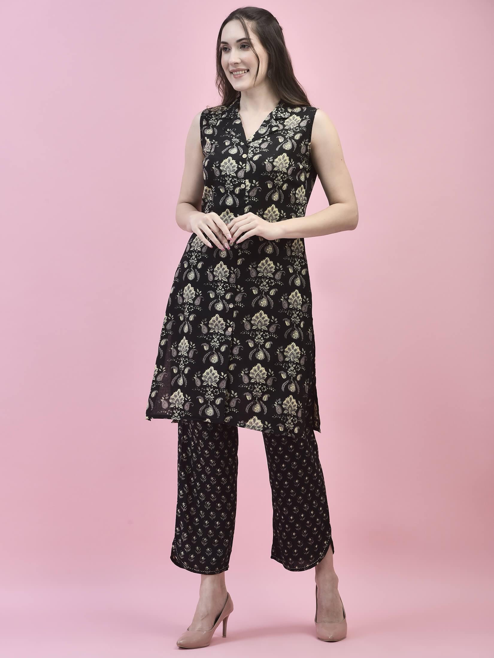 Women Cotton Black Floral Print Kurta With Comfort Pant.