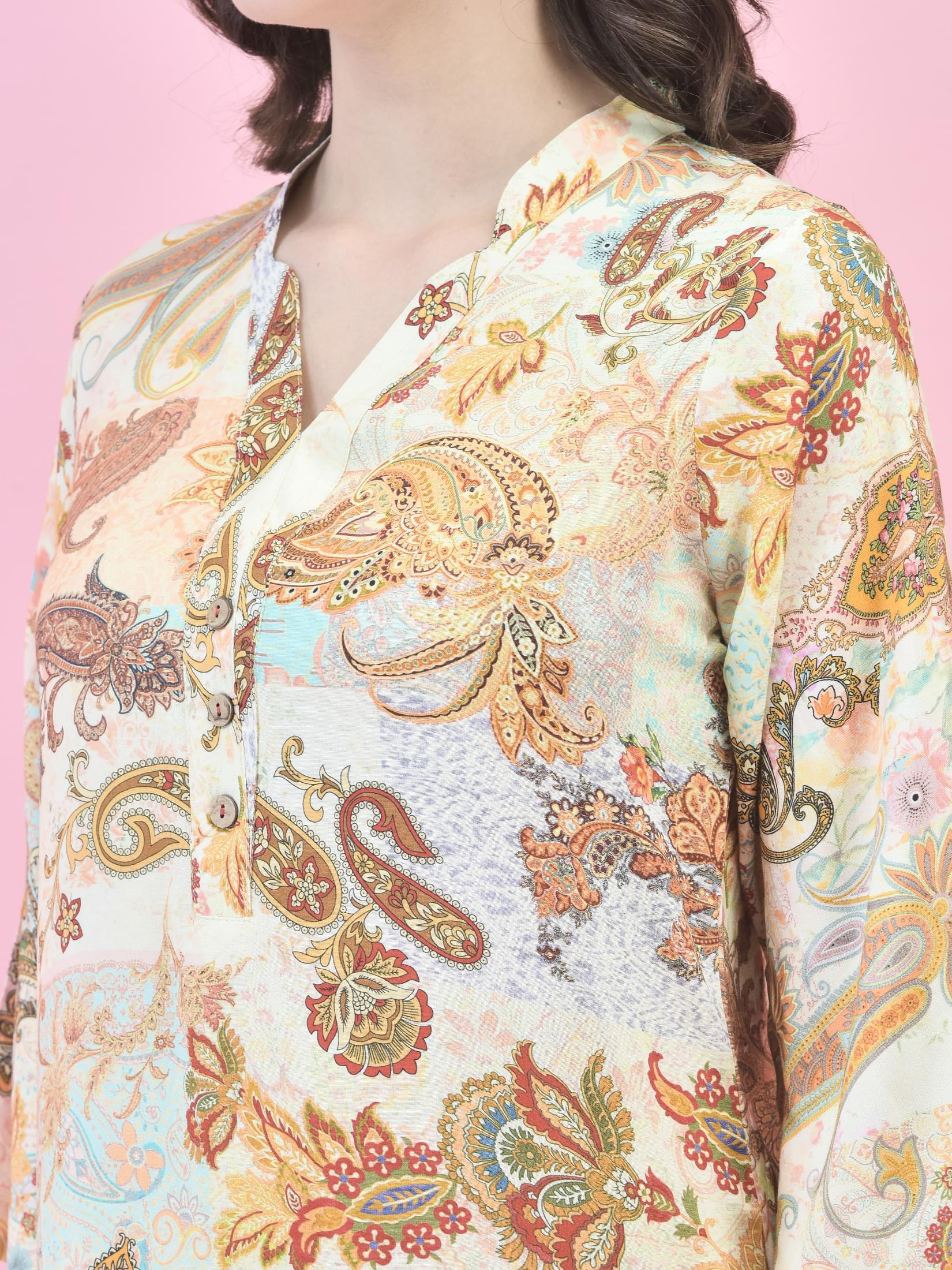 Women Liva (Rayon) Multicolor Paisley Print Kurta.