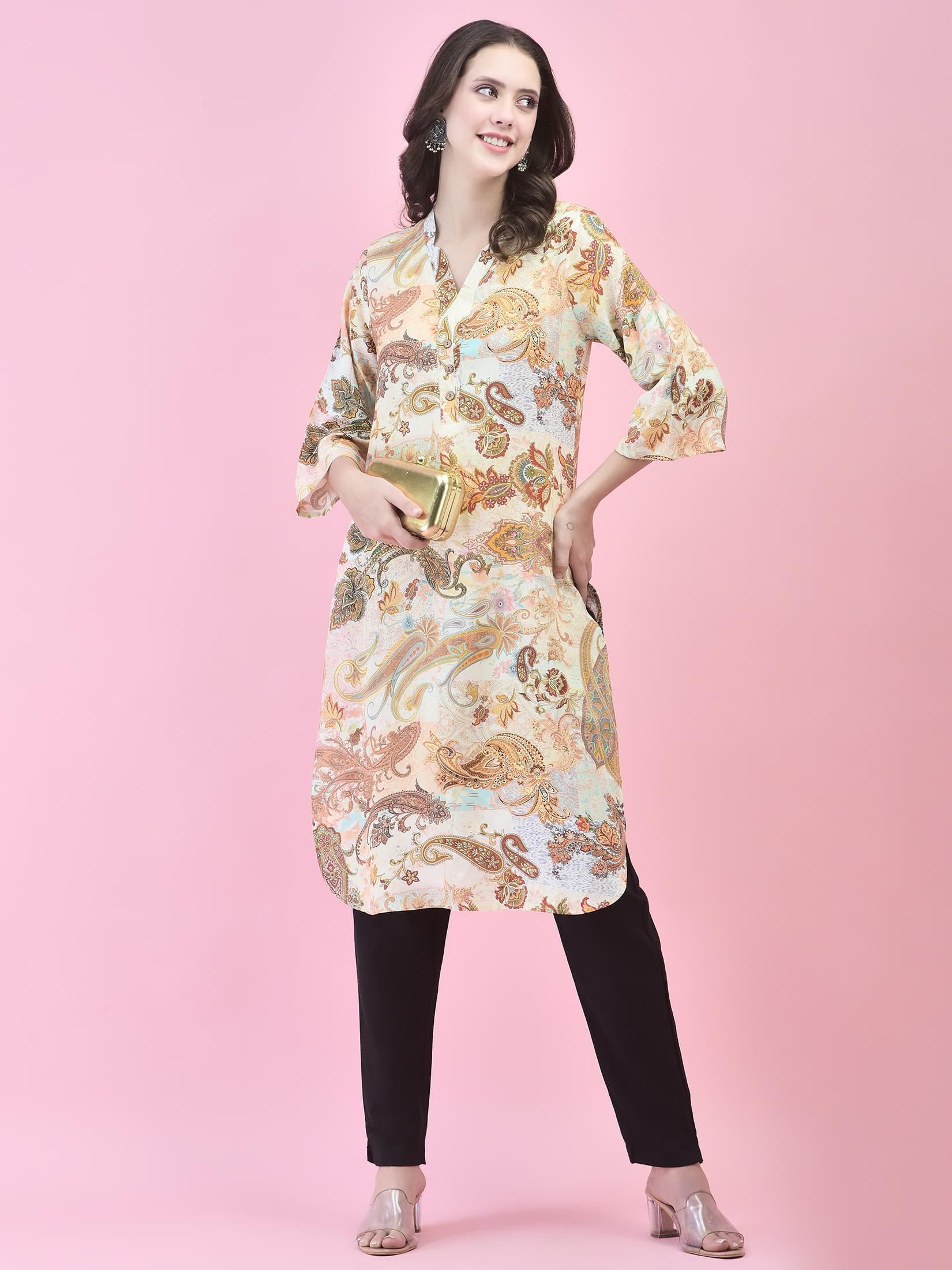 Women Liva (Rayon) Multicolor Paisley Print Kurta.