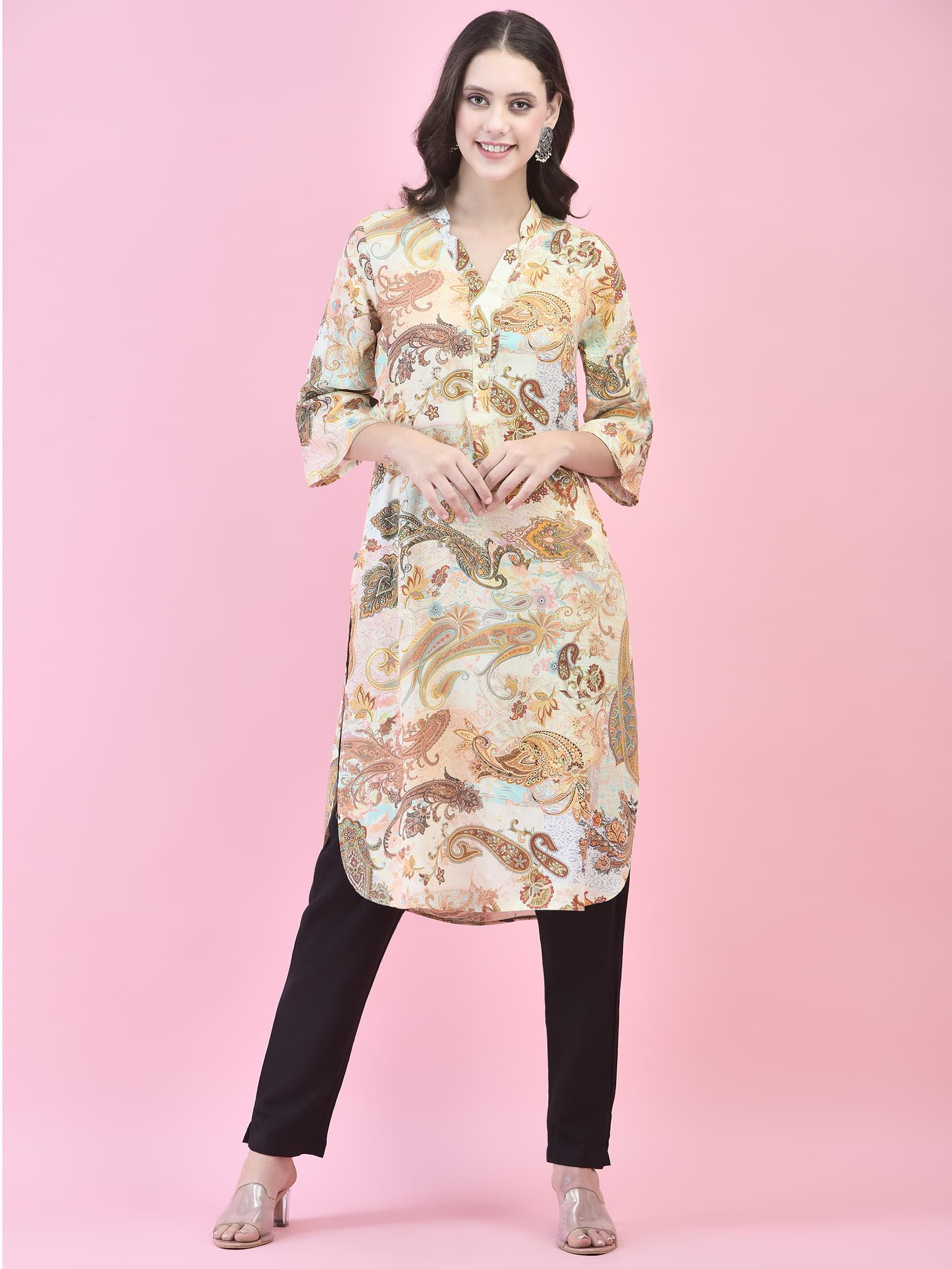 Women Liva (Rayon) Multicolor Paisley Print Kurta.