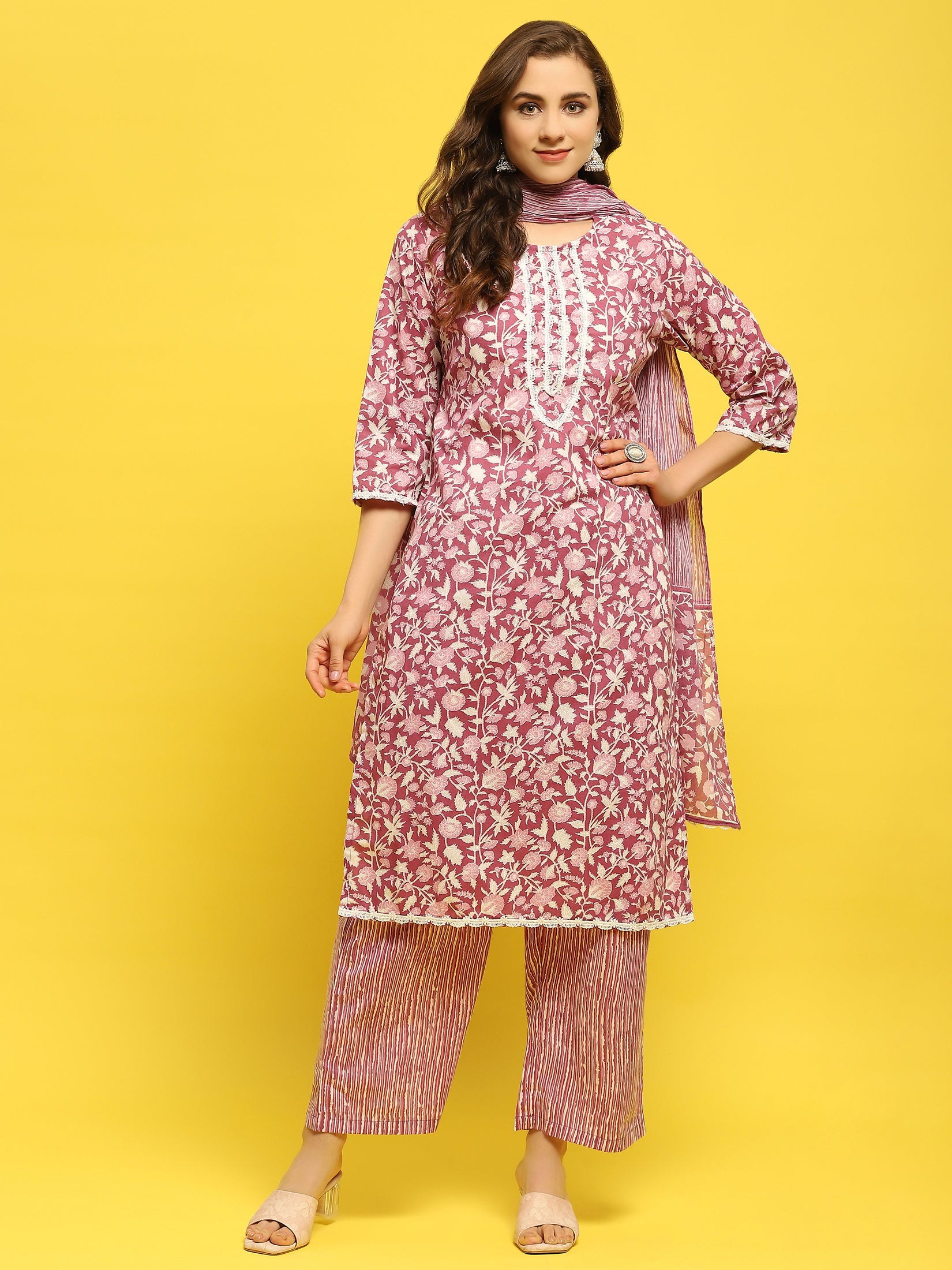 Pink Floral Printed Rayon Kurta, Pant And Dupatta Set With Thread & Sequins Work