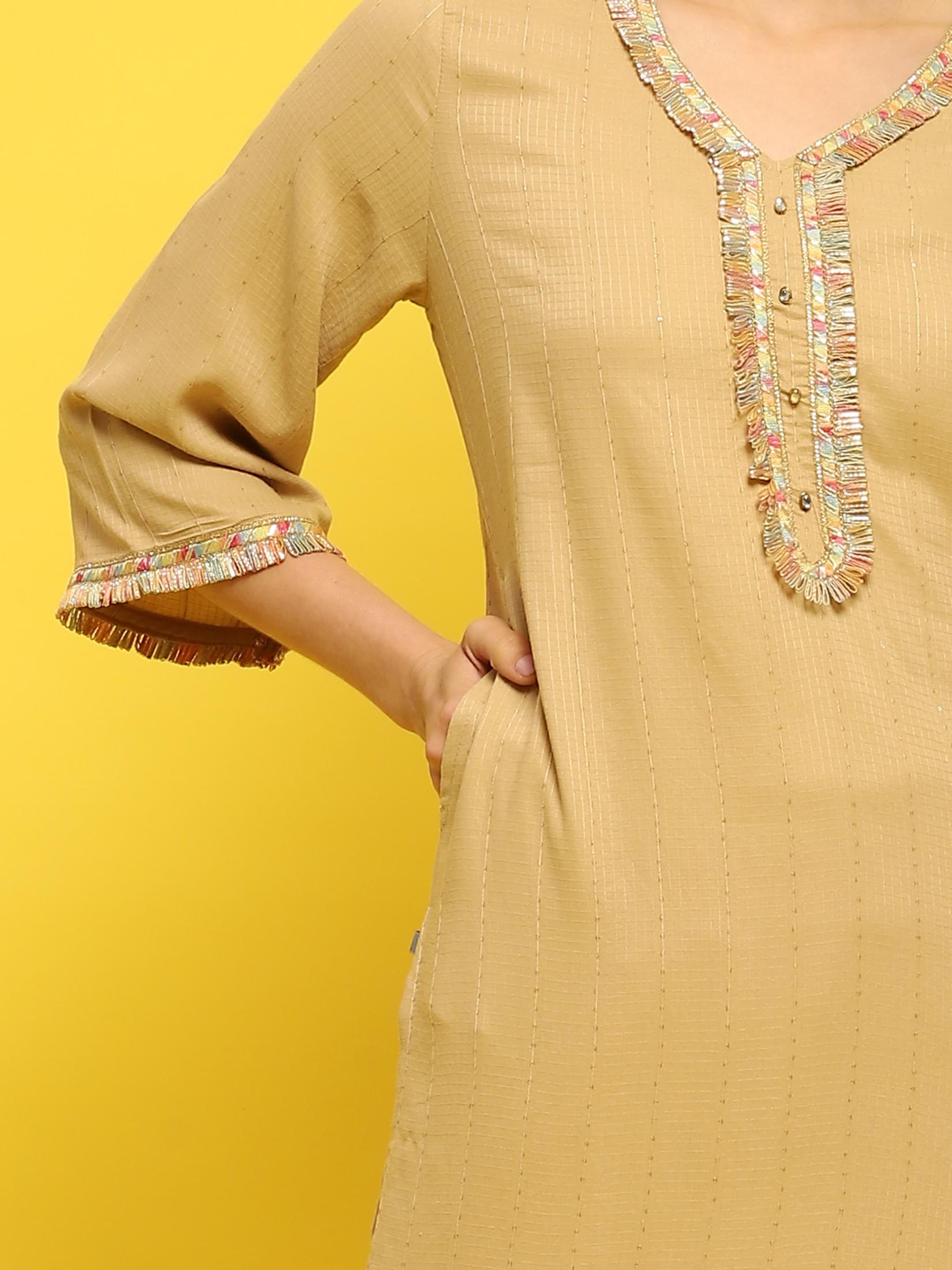 Women Poly Viscose Beige Solid Kurta.