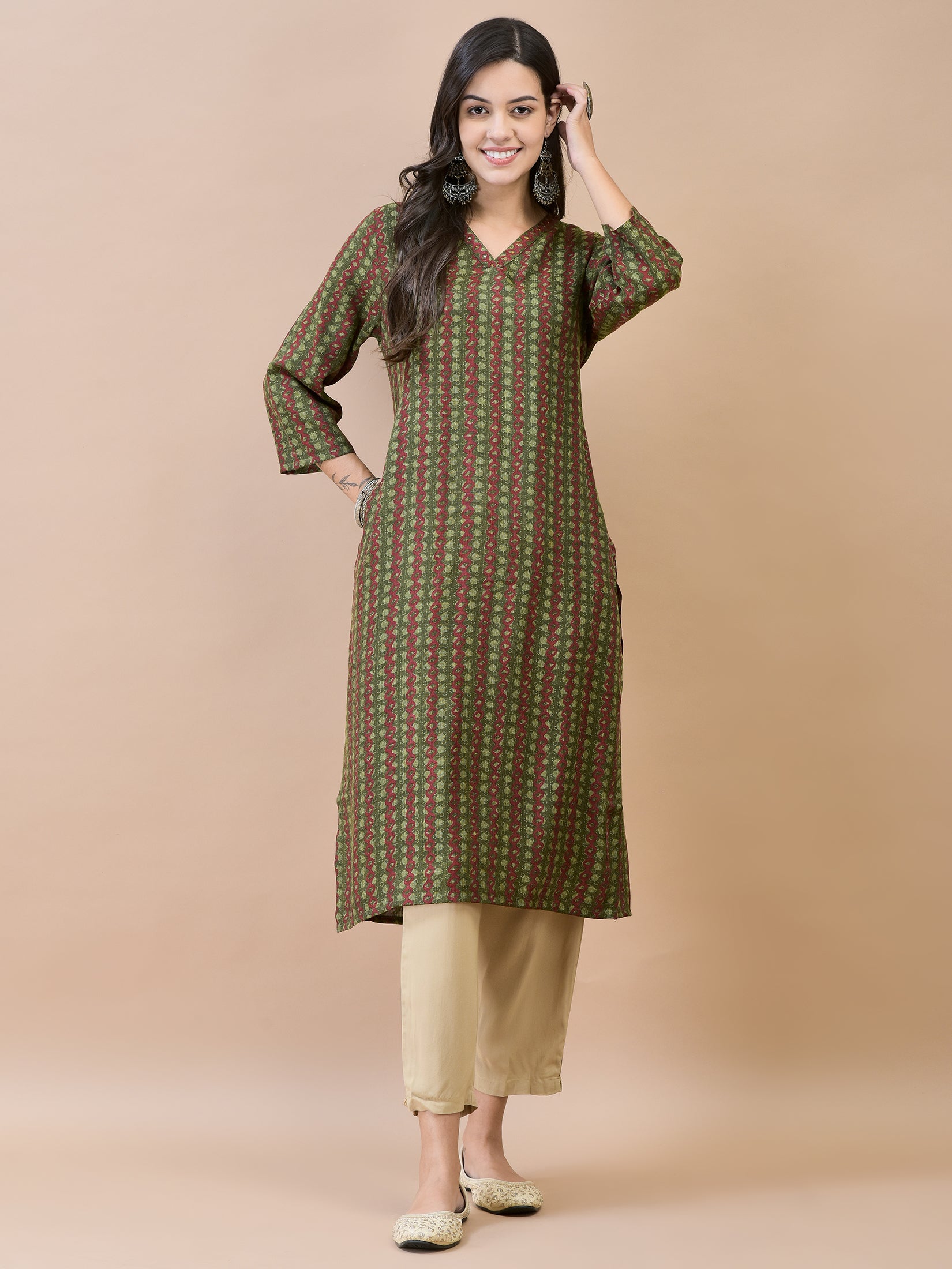 Women Liva Rayon Olive Geometric Print Kurta