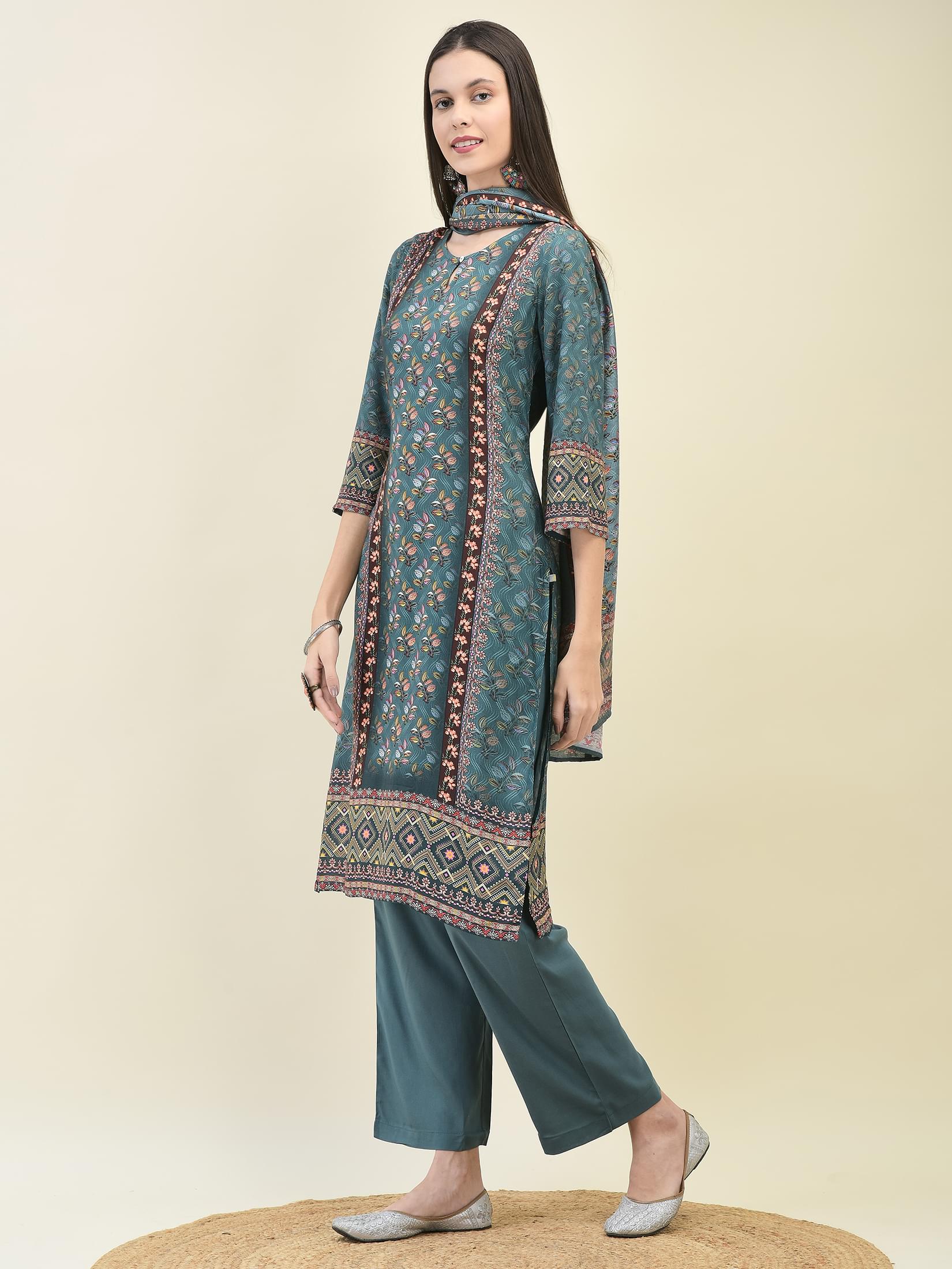 Women Liva Rayon Blue Floral Print Kurta Comfort Pant Dupatta.