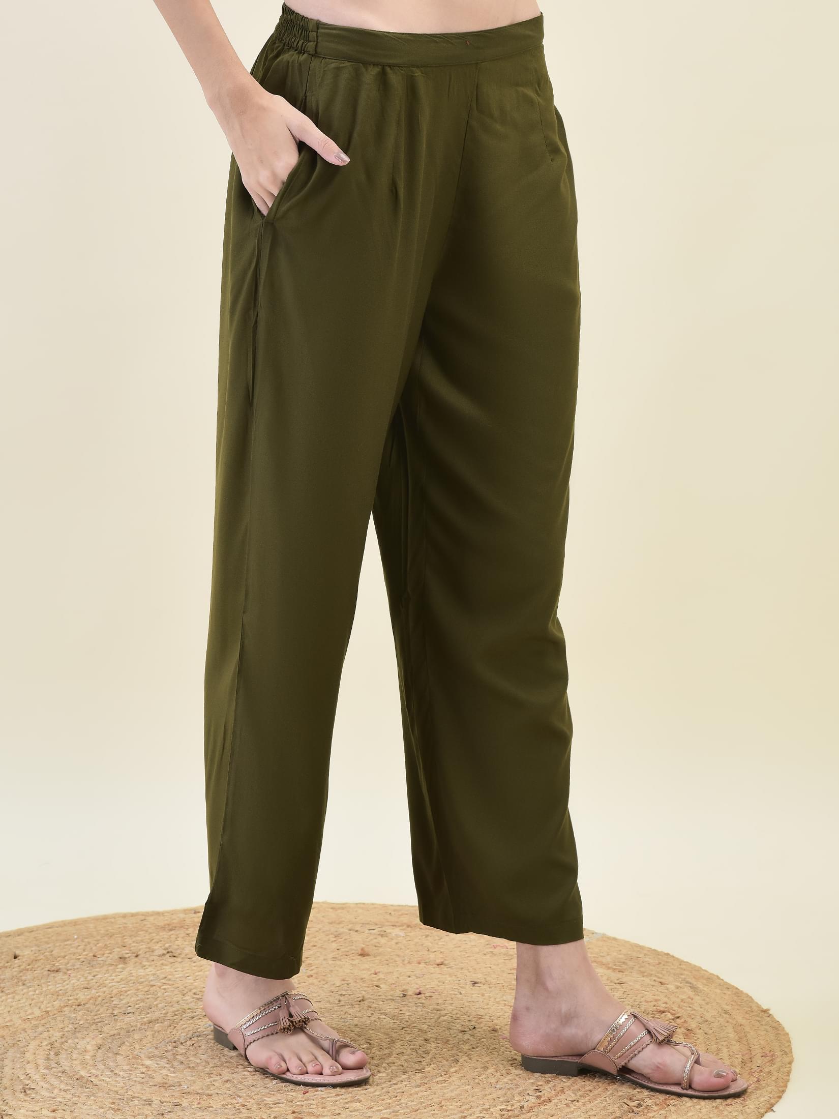 Women Liva Rayon Olive Floral Print Kurta Comfort Pant Dupatta.