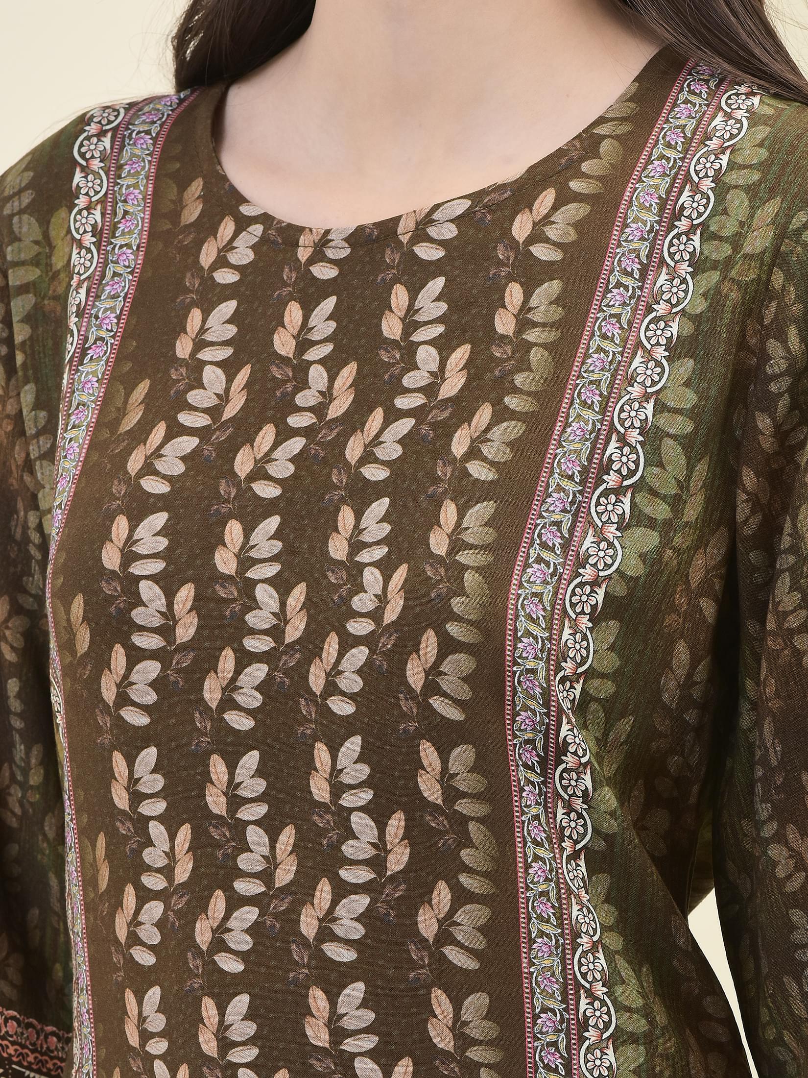 Women Liva Rayon Olive Floral Print Kurta Comfort Pant Dupatta.