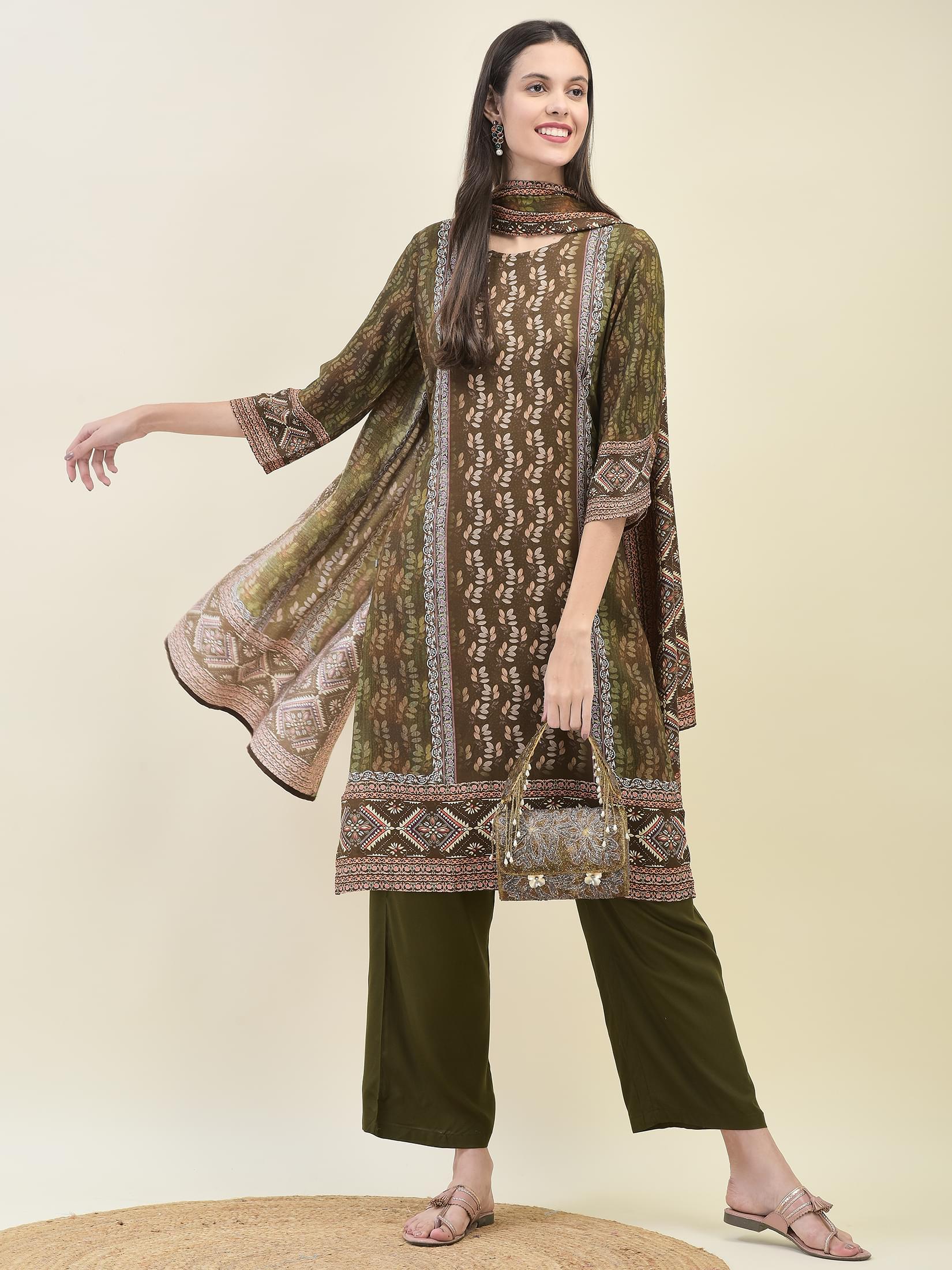 Women Liva Rayon Olive Floral Print Kurta Comfort Pant Dupatta.