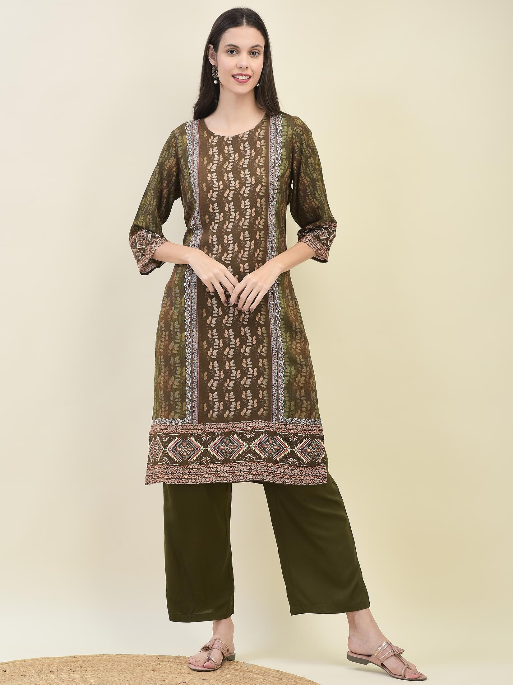 Women Liva Rayon Olive Floral Print Kurta Comfort Pant Dupatta.
