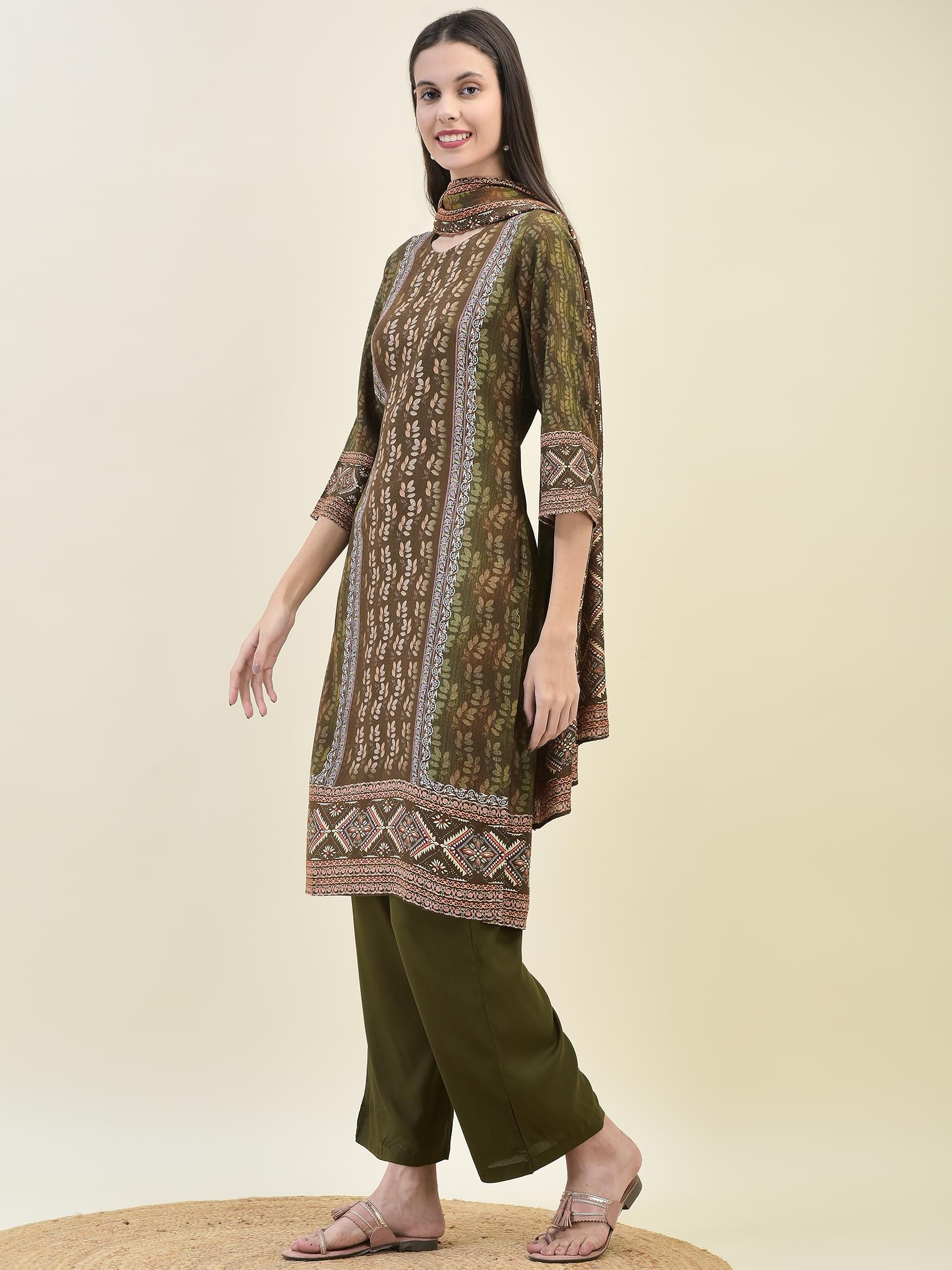 Women Liva Rayon Olive Floral Print Kurta Comfort Pant Dupatta.