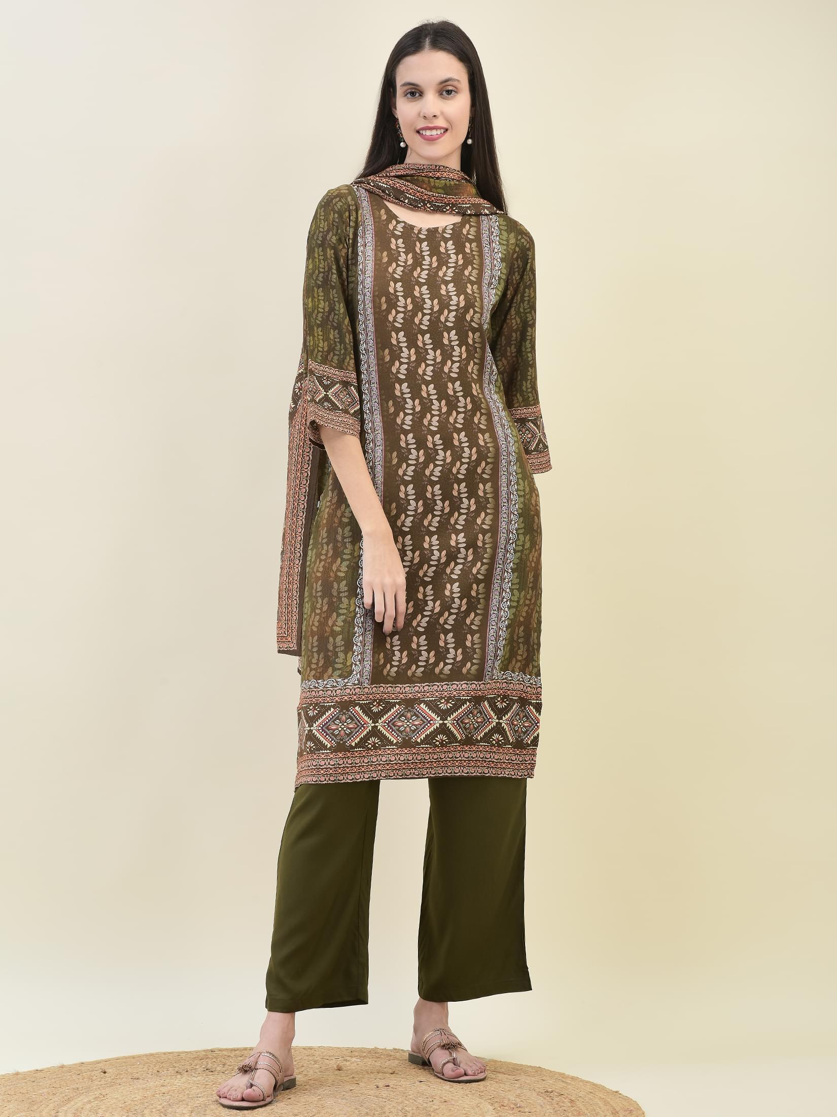 Women Liva Rayon Olive Floral Print Kurta Comfort Pant Dupatta.