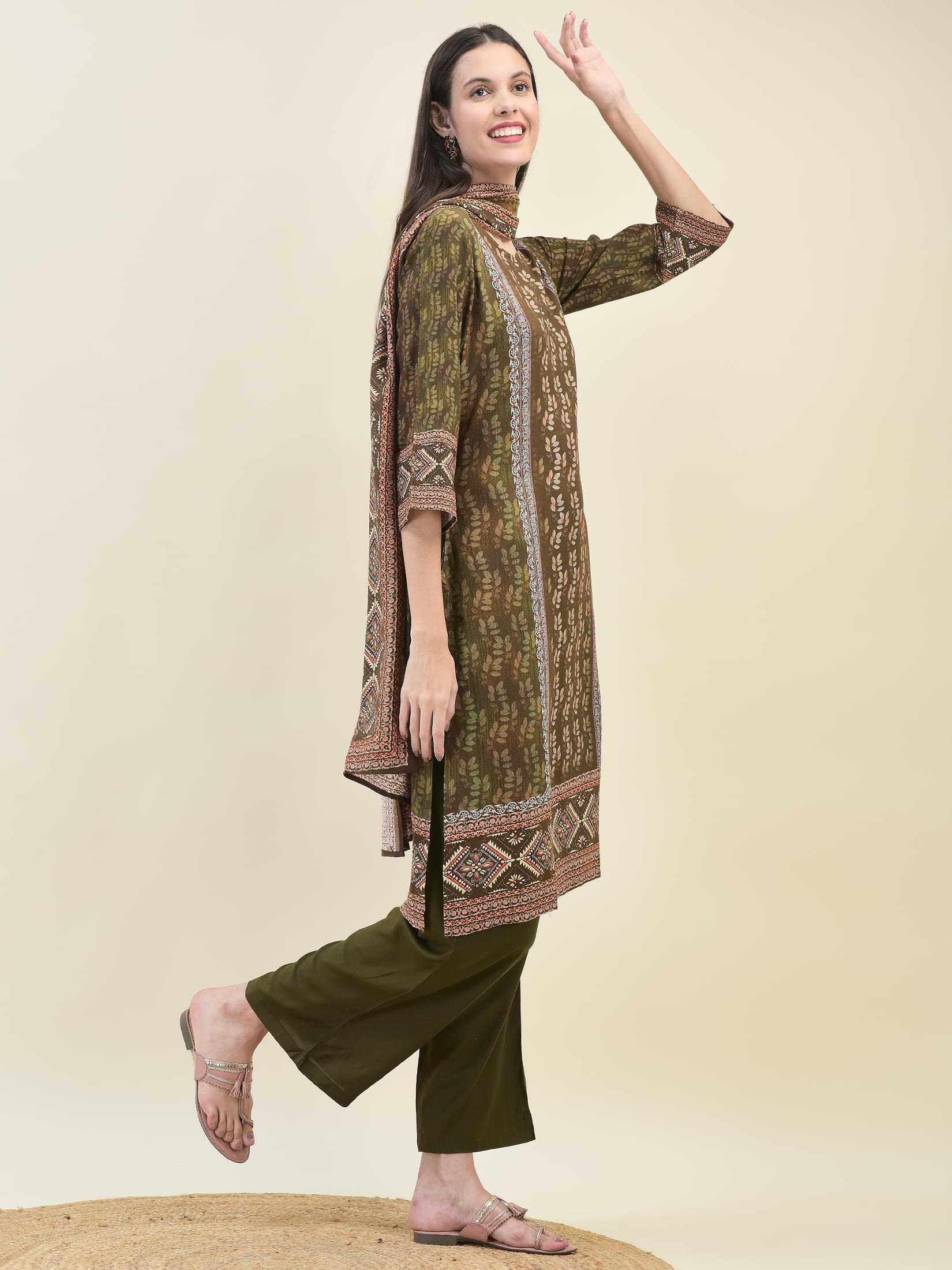 Women Liva Rayon Olive Floral Print Kurta Comfort Pant Dupatta.
