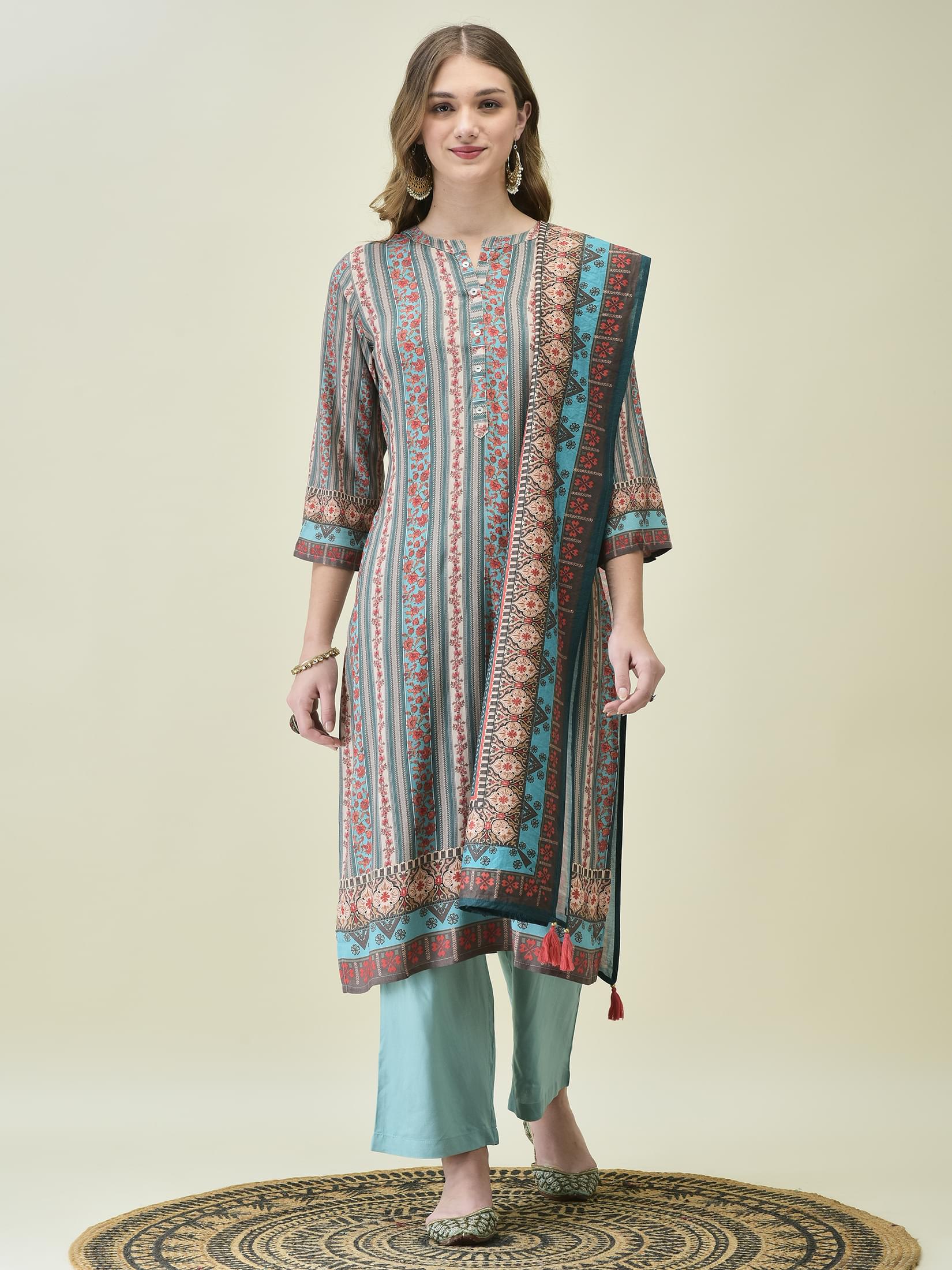 Sky blue fresh floral cluster print Liva rayon relaxed fit trousers suit set