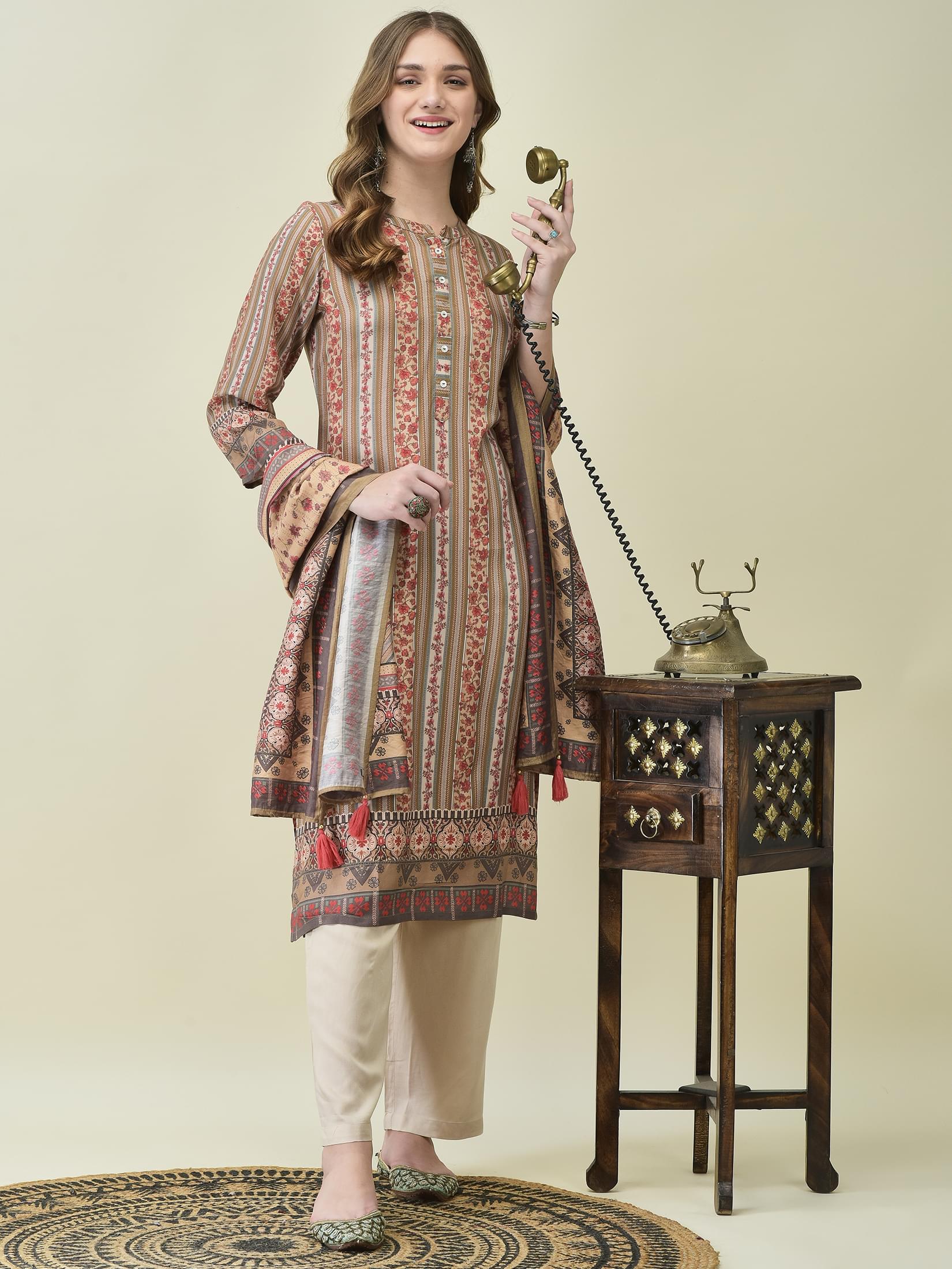 Off white digital floral motif print Liva rayon soft touch regular dupatta suit
